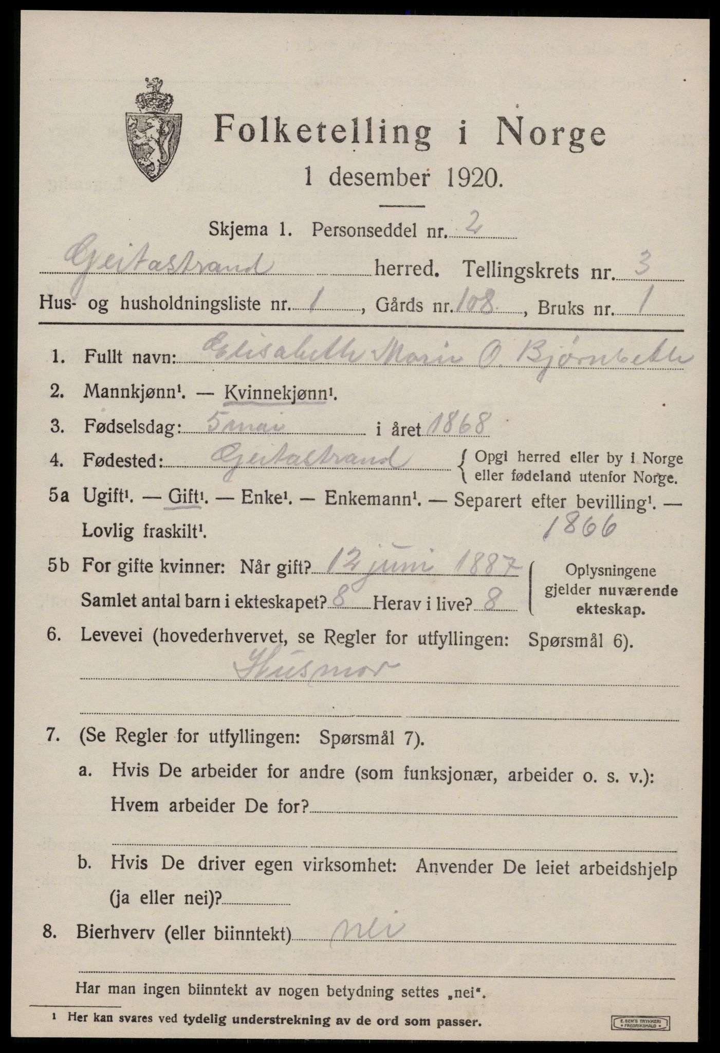 SAT, 1920 census for Geitastrand, 1920, p. 1303