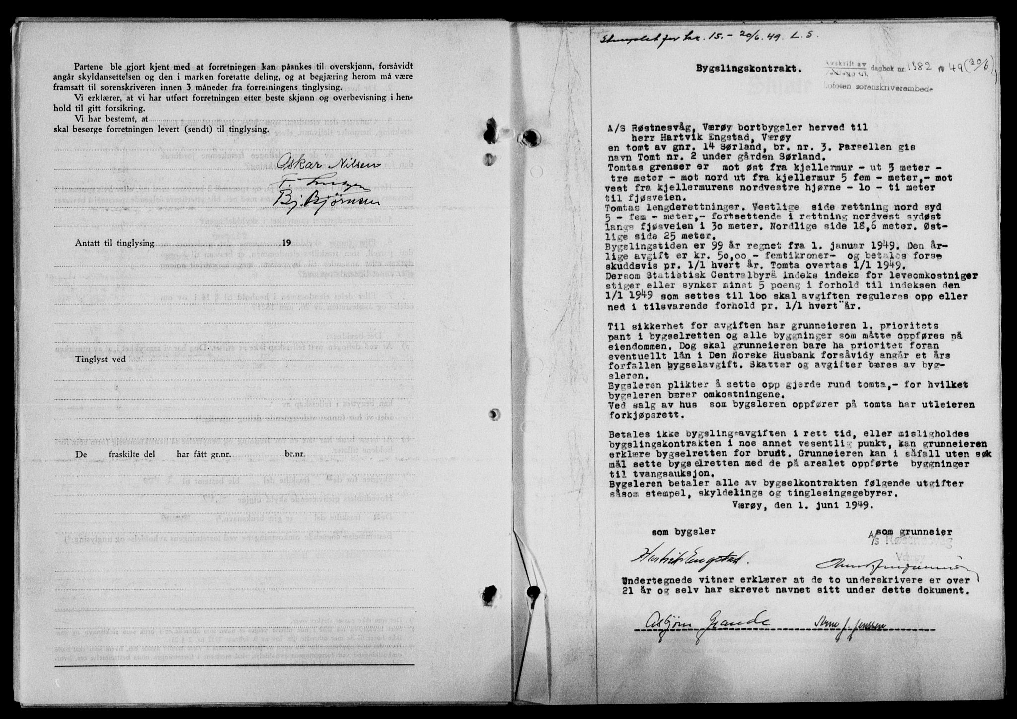 Lofoten sorenskriveri, SAT/A-0017/1/2/2C/L0021a: Mortgage book no. 21a, 1949-1949, Diary no: : 1382/1949