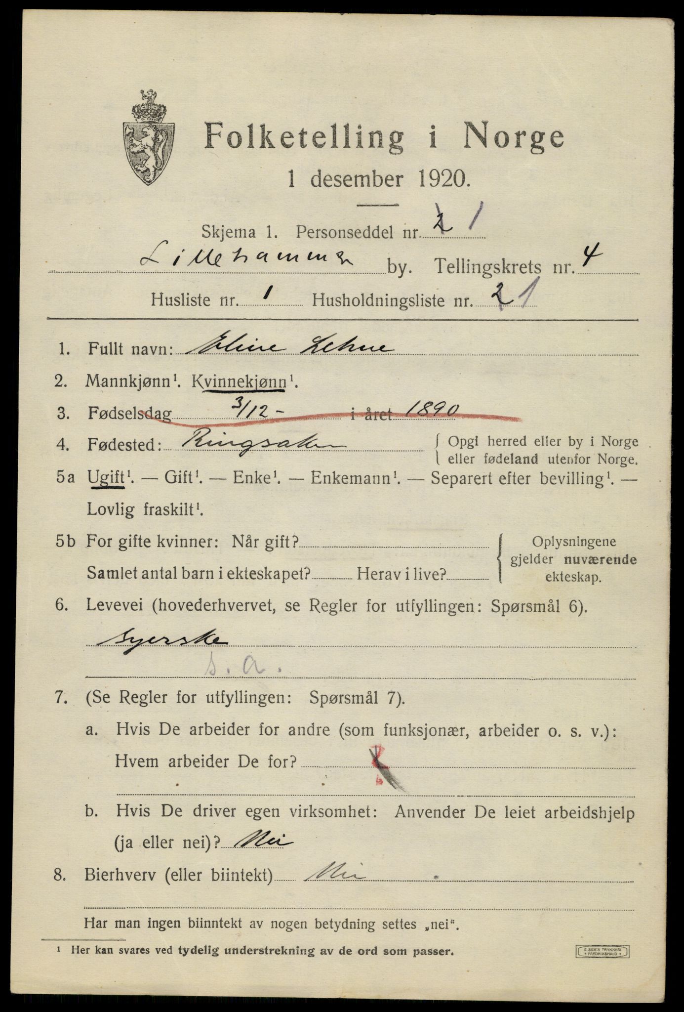 SAH, 1920 census for Lillehammer, 1920, p. 6422