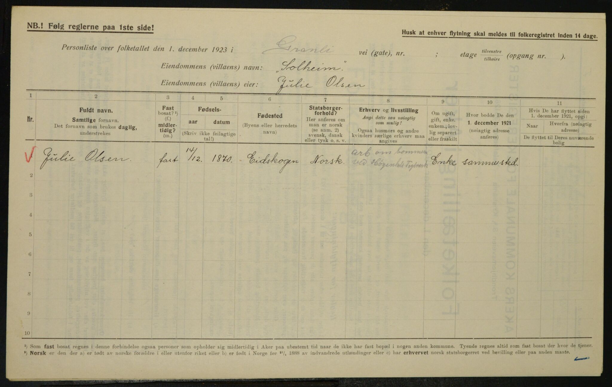 , Municipal Census 1923 for Aker, 1923, p. 25087