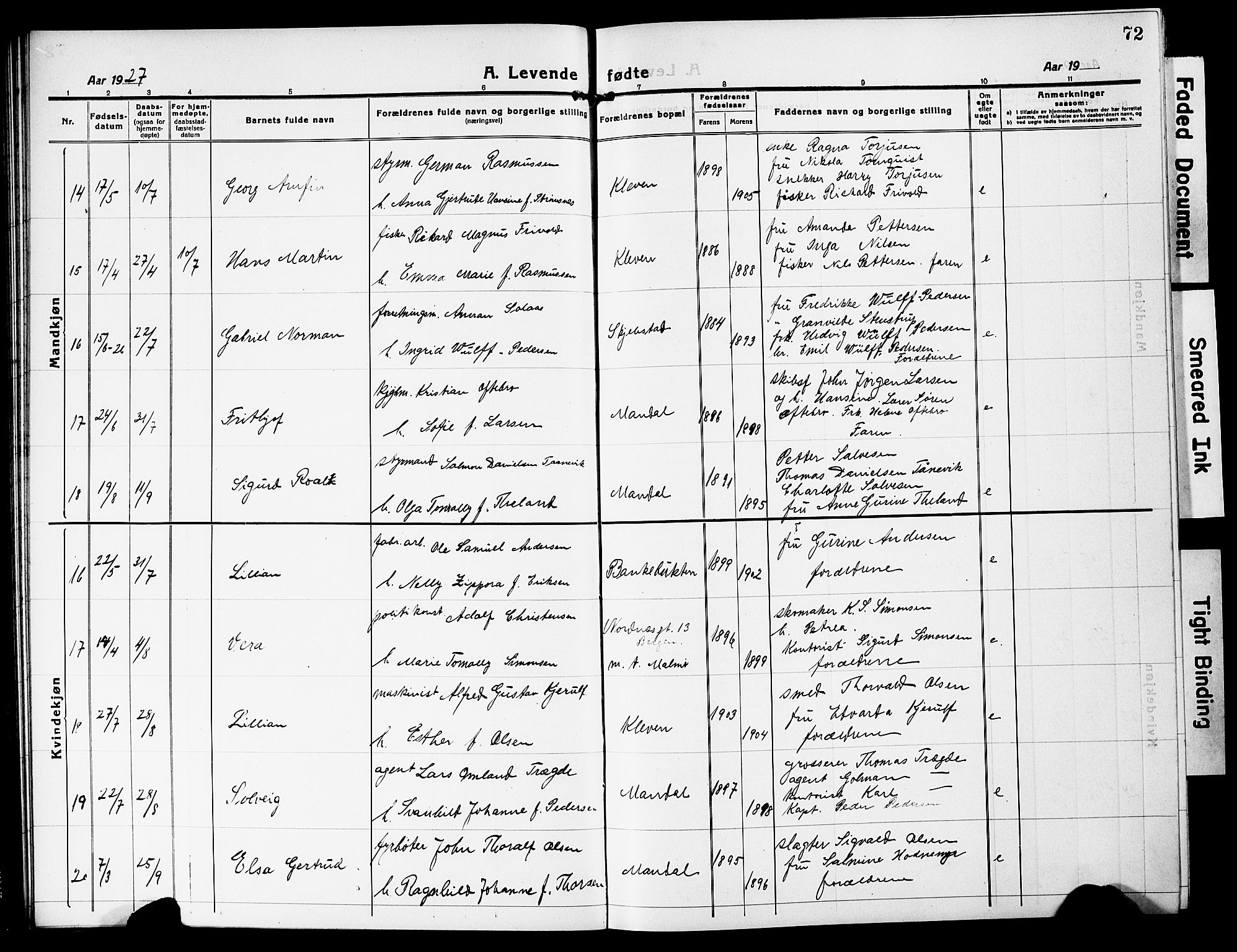 Mandal sokneprestkontor, SAK/1111-0030/F/Fb/Fbc/L0001: Parish register (copy) no. B 1, 1918-1931, p. 72
