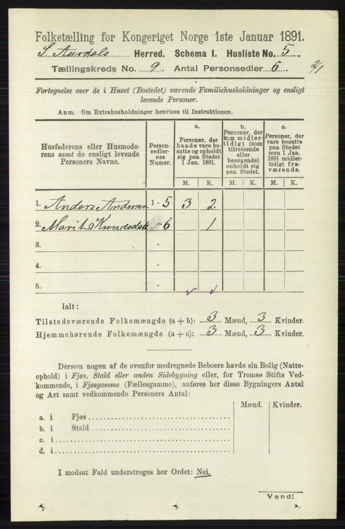 RA, 1891 census for 0540 Sør-Aurdal, 1891, p. 5499