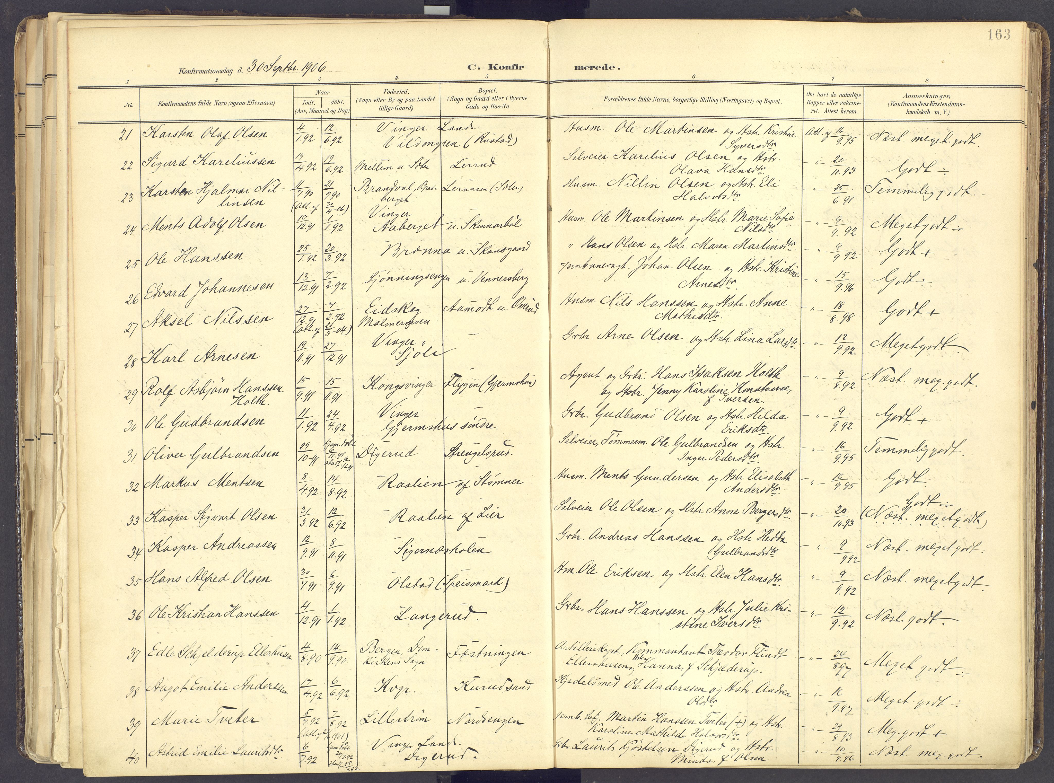 Vinger prestekontor, AV/SAH-PREST-024/H/Ha/Haa/L0017: Parish register (official) no. 17, 1901-1927, p. 163