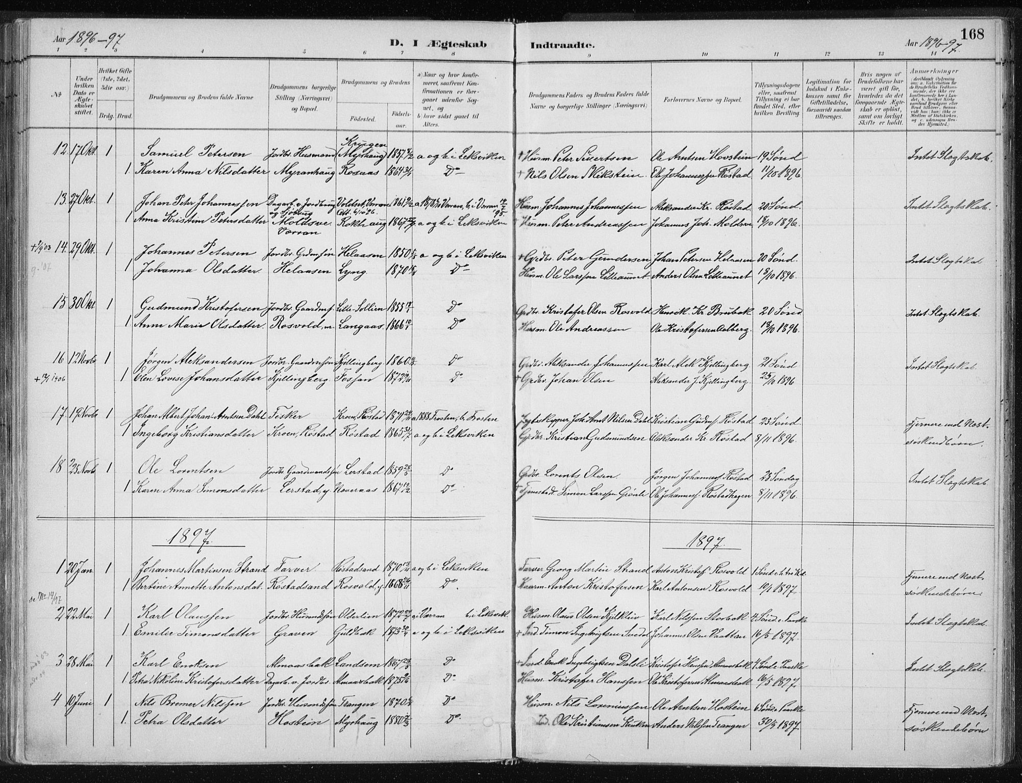 Ministerialprotokoller, klokkerbøker og fødselsregistre - Nord-Trøndelag, SAT/A-1458/701/L0010: Parish register (official) no. 701A10, 1883-1899, p. 168