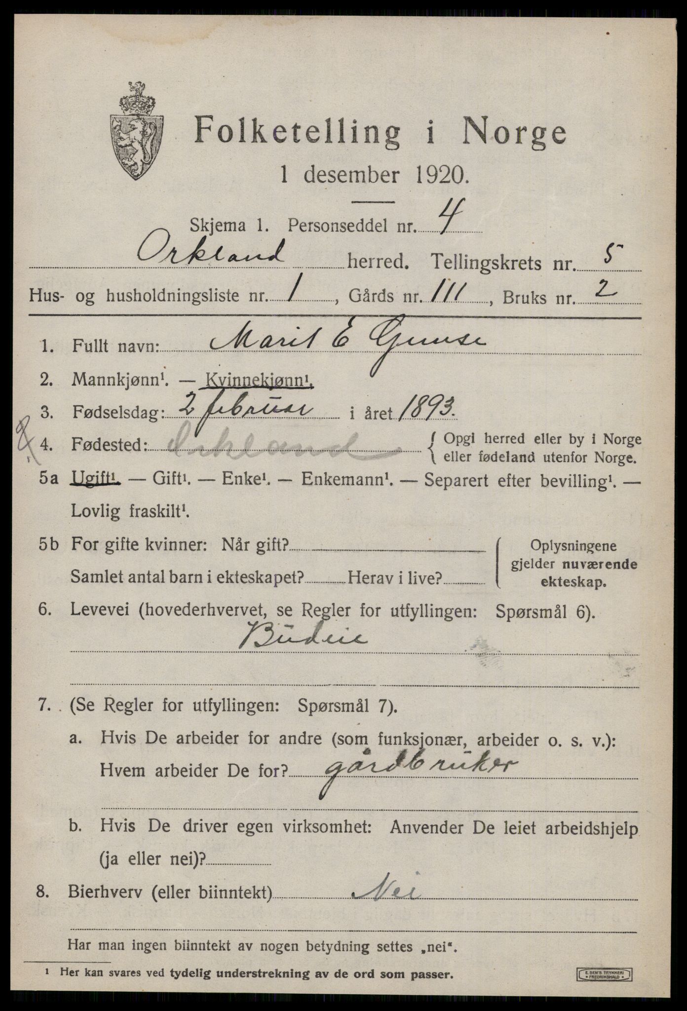 SAT, 1920 census for Orkland, 1920, p. 4028