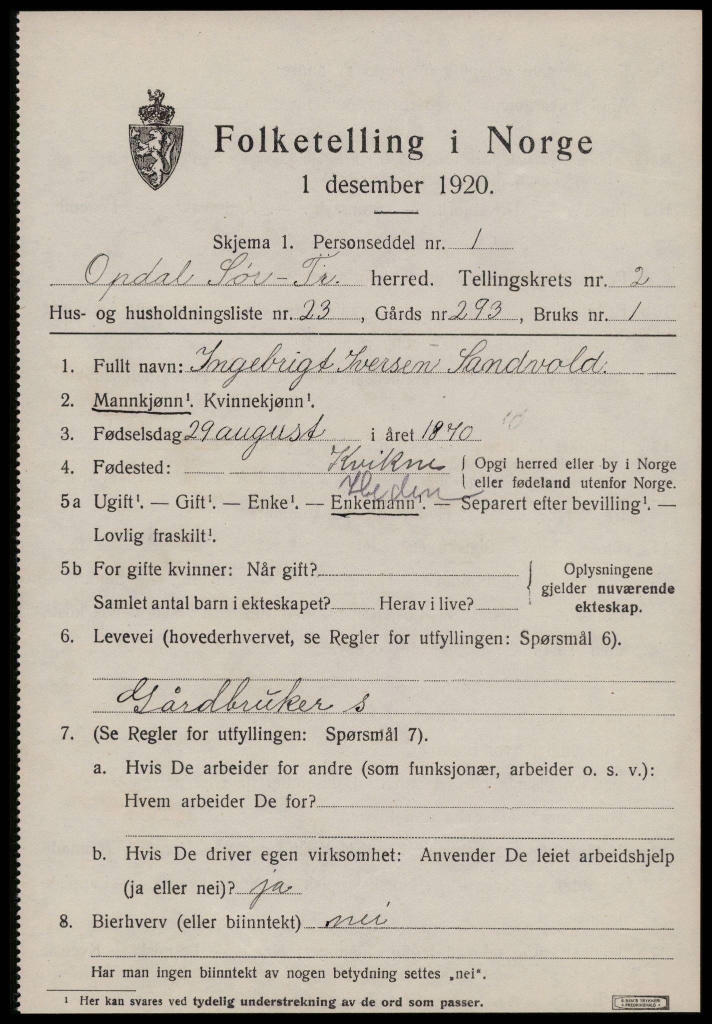 SAT, 1920 census for Oppdal, 1920, p. 2667