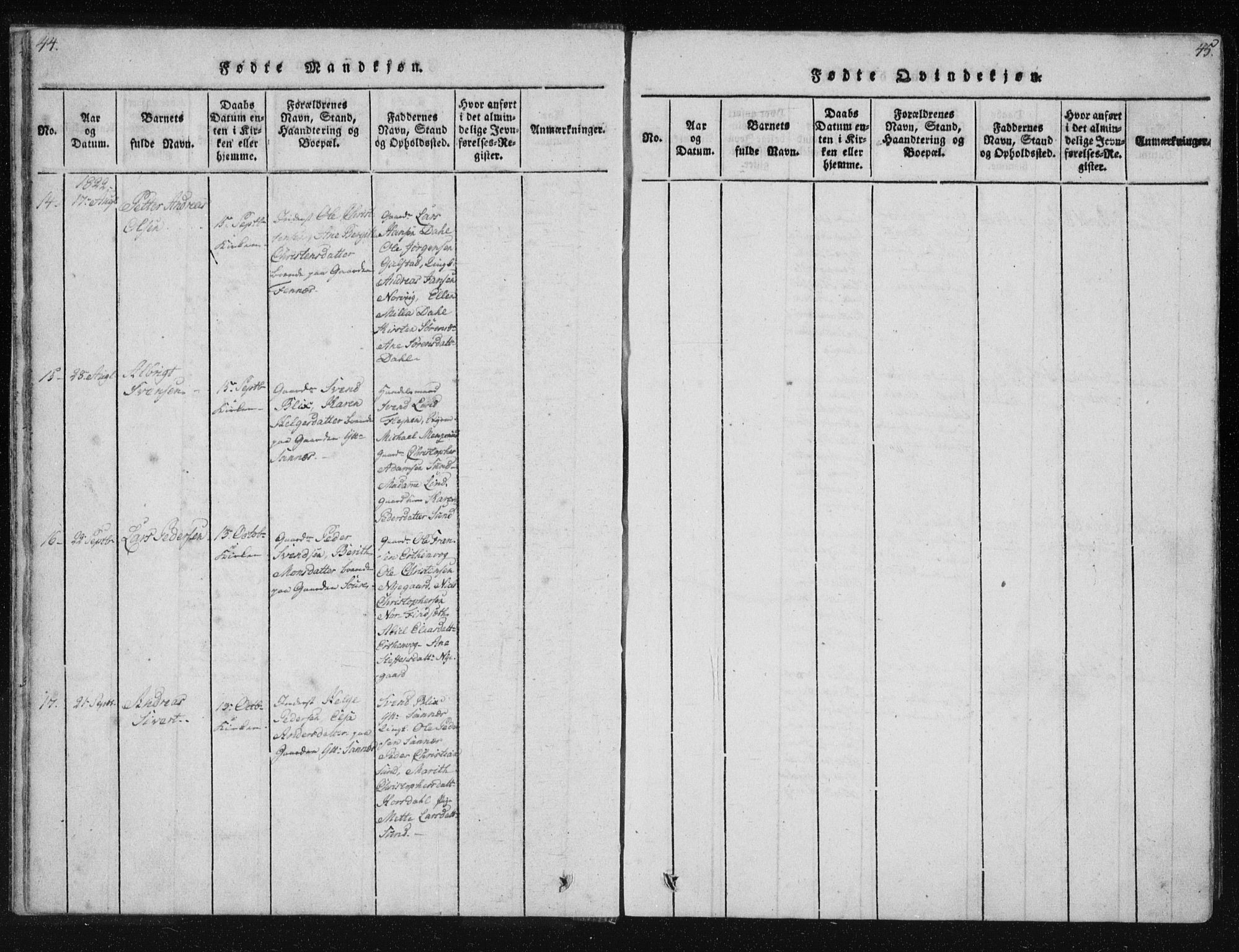 Ministerialprotokoller, klokkerbøker og fødselsregistre - Nordland, AV/SAT-A-1459/805/L0096: Parish register (official) no. 805A03, 1820-1837, p. 44-45