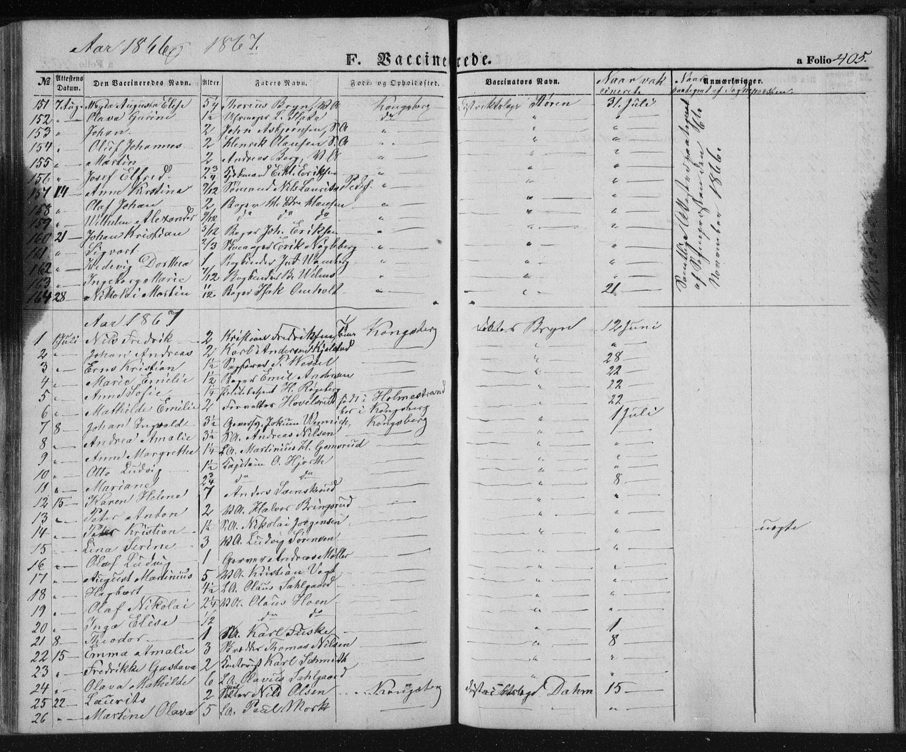 Kongsberg kirkebøker, SAKO/A-22/F/Fa/L0010: Parish register (official) no. I 10, 1859-1875, p. 405