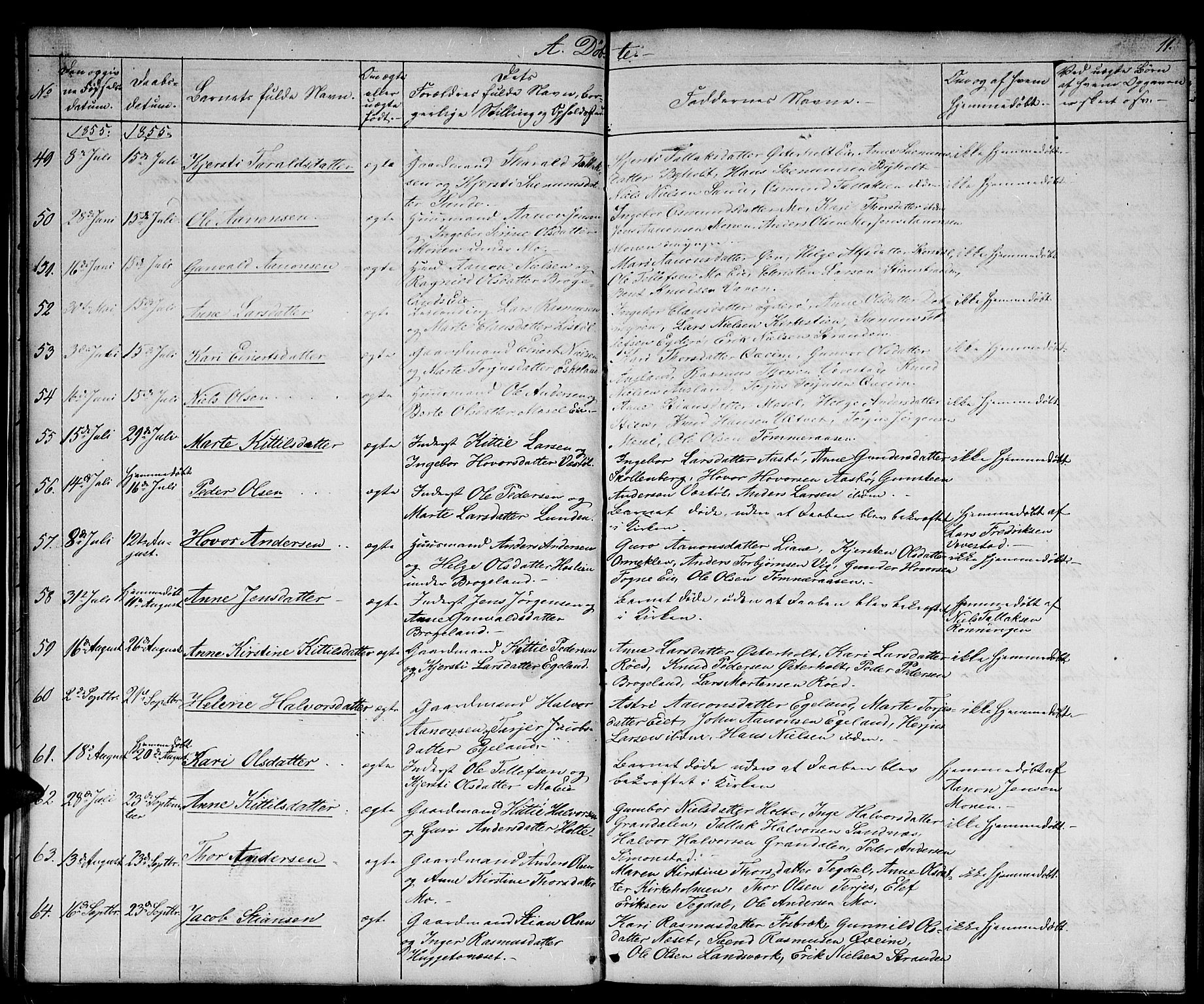 Gjerstad sokneprestkontor, AV/SAK-1111-0014/F/Fb/Fba/L0005: Parish register (copy) no. B 5, 1853-1867, p. 11