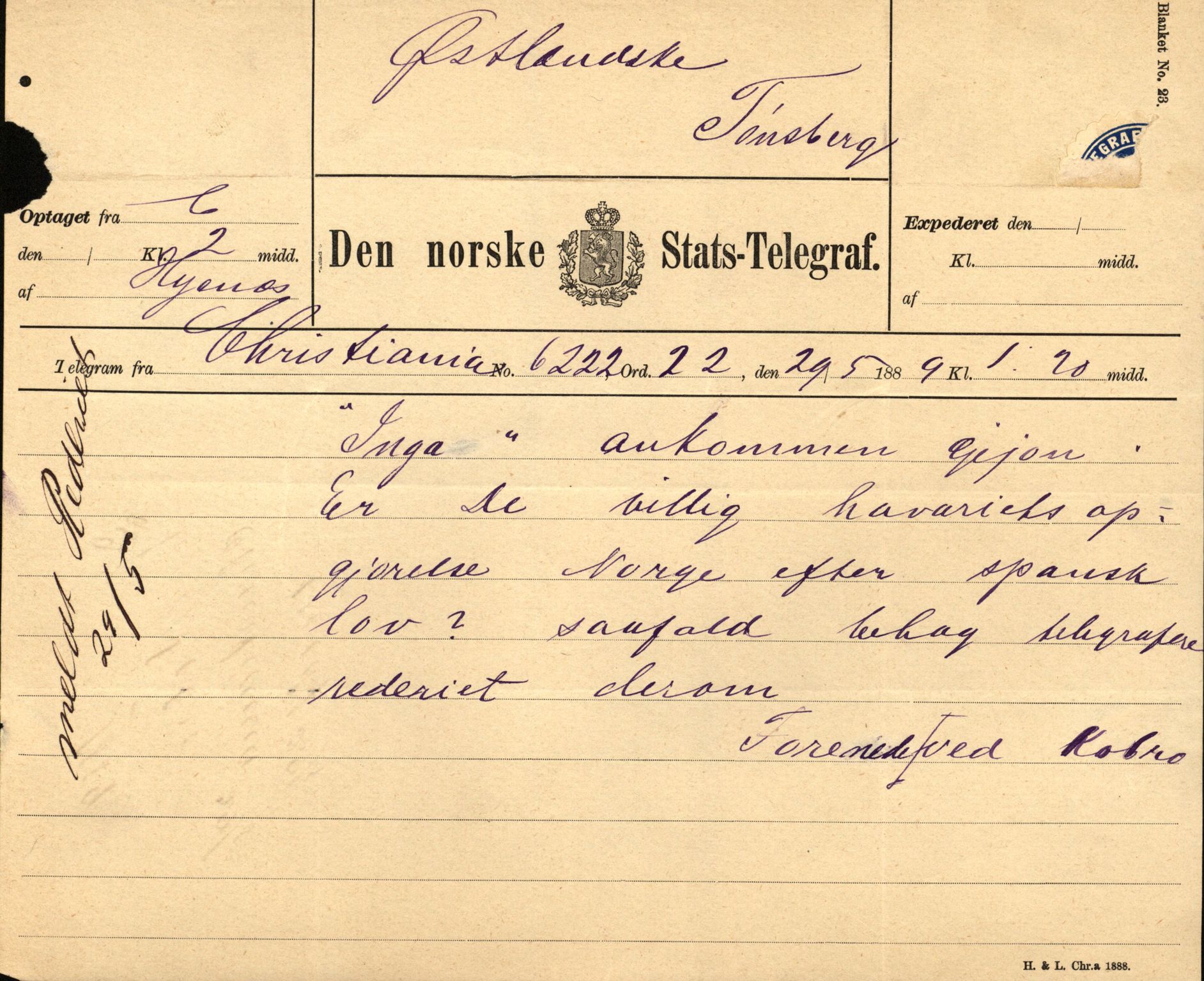 Pa 63 - Østlandske skibsassuranceforening, VEMU/A-1079/G/Ga/L0021/0003: Havaridokumenter / Inga av Drammen, Inga av Sandefjord, Primula, 1888-1889, p. 13