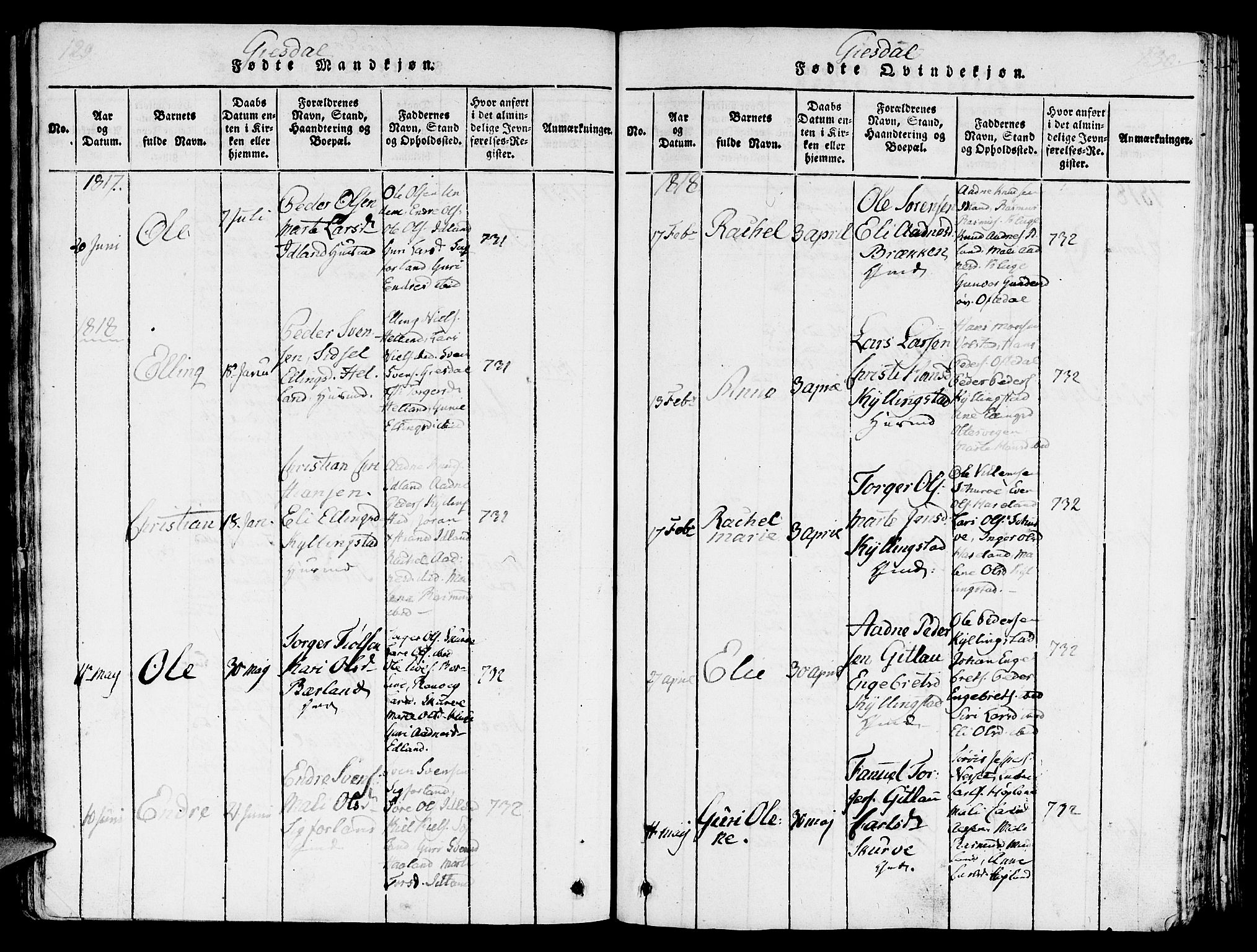 Lye sokneprestkontor, SAST/A-101794/001/30/30BA/L0003: Parish register (official) no. A 3 /2, 1816-1826, p. 129-130