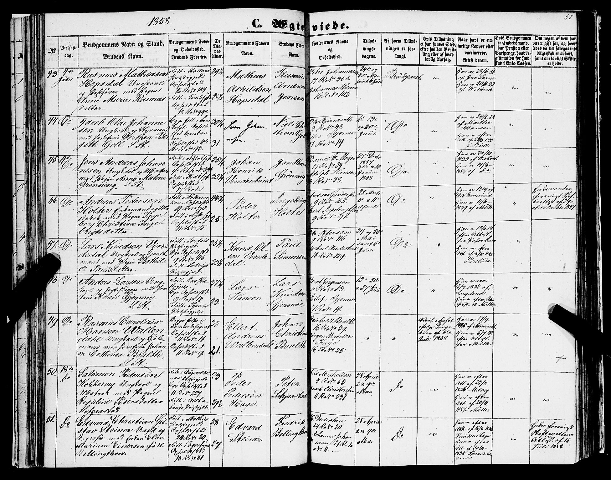 Domkirken sokneprestembete, AV/SAB-A-74801/H/Haa/L0034: Parish register (official) no. D 2, 1853-1874, p. 52