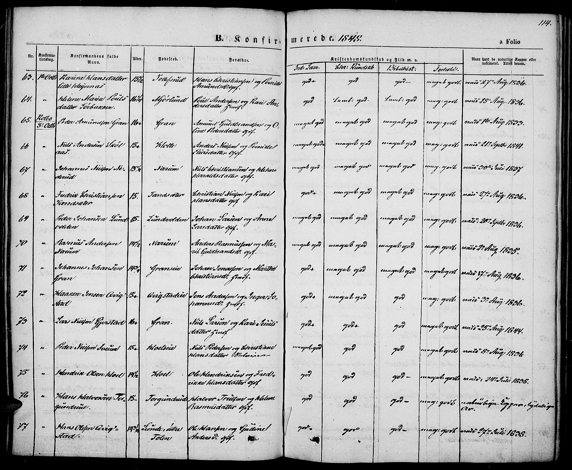 Vestre Toten prestekontor, AV/SAH-PREST-108/H/Ha/Haa/L0004: Parish register (official) no. 4, 1844-1849, p. 114