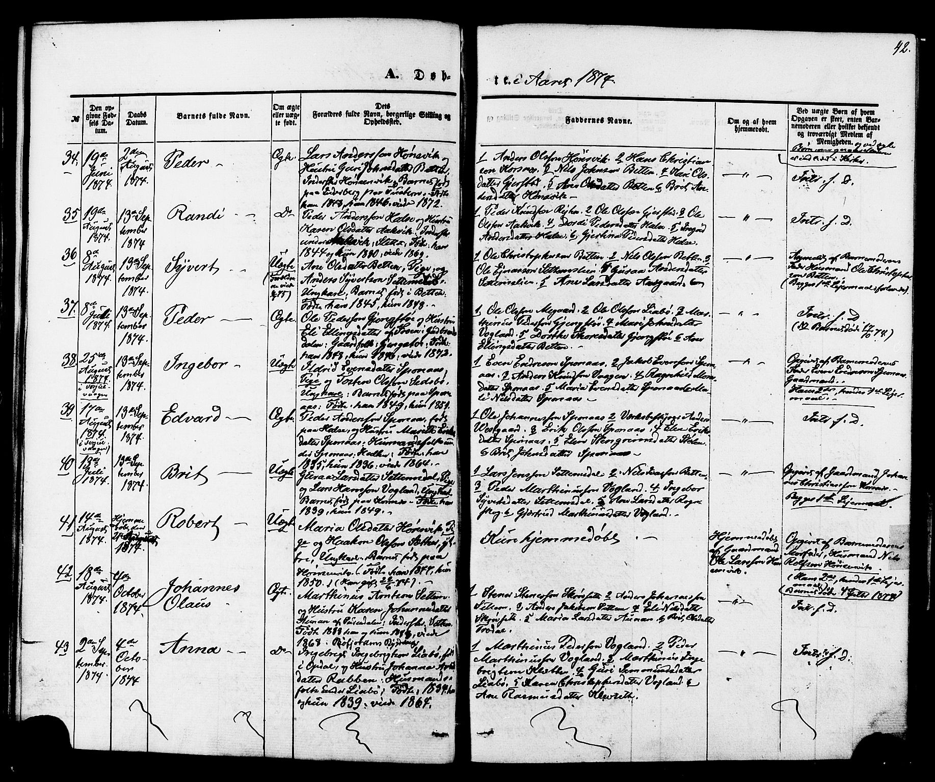 Ministerialprotokoller, klokkerbøker og fødselsregistre - Møre og Romsdal, AV/SAT-A-1454/576/L0884: Parish register (official) no. 576A02, 1865-1879, p. 42