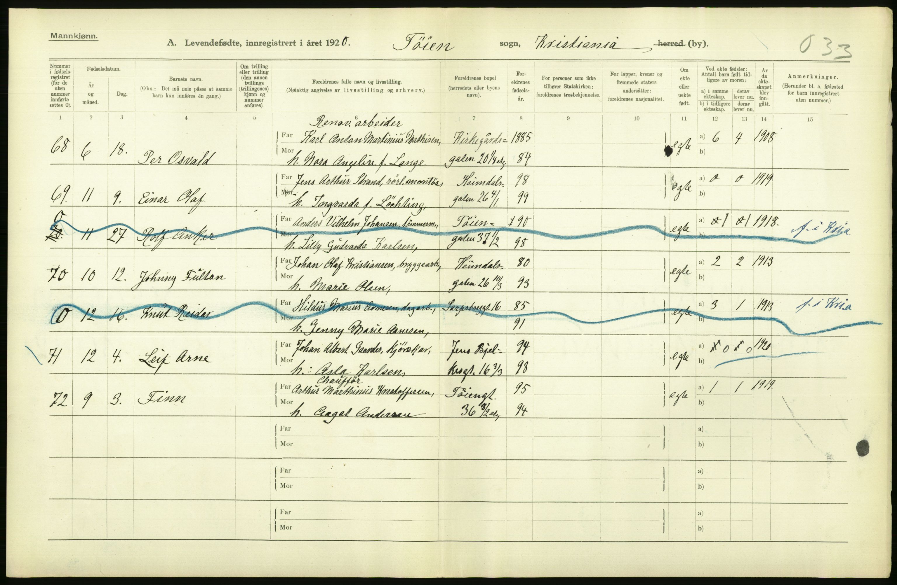 Statistisk sentralbyrå, Sosiodemografiske emner, Befolkning, AV/RA-S-2228/D/Df/Dfb/Dfbj/L0009: Kristiania: Levendefødte menn og kvinner., 1920, p. 24