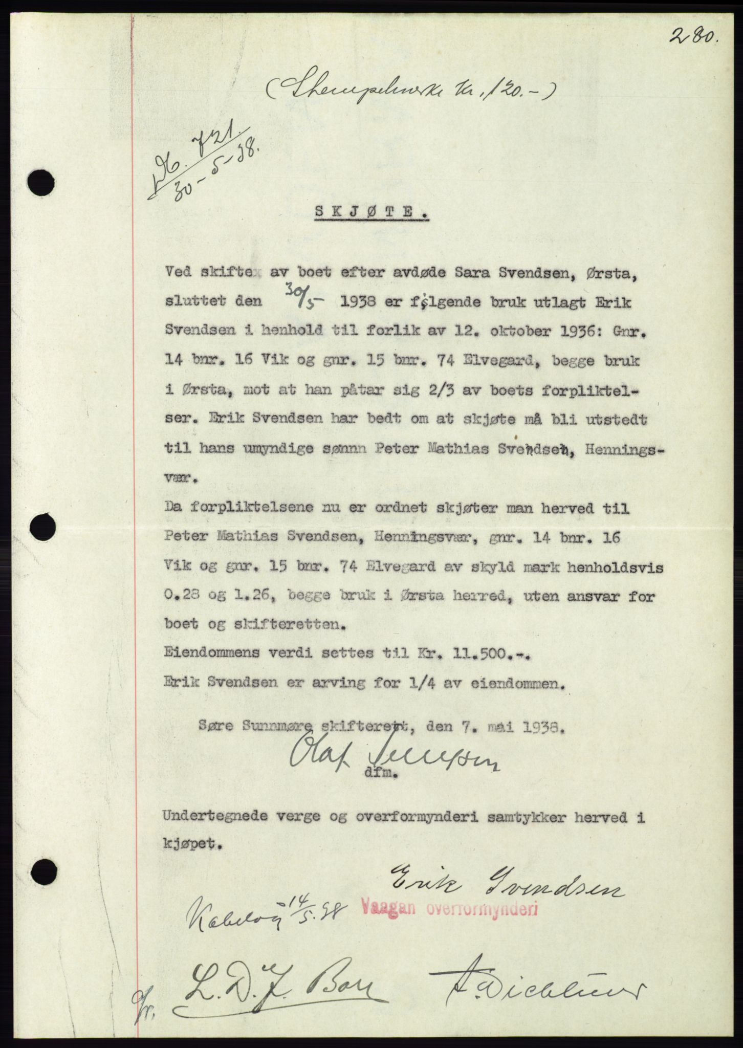 Søre Sunnmøre sorenskriveri, AV/SAT-A-4122/1/2/2C/L0065: Mortgage book no. 59, 1938-1938, Diary no: : 721/1938