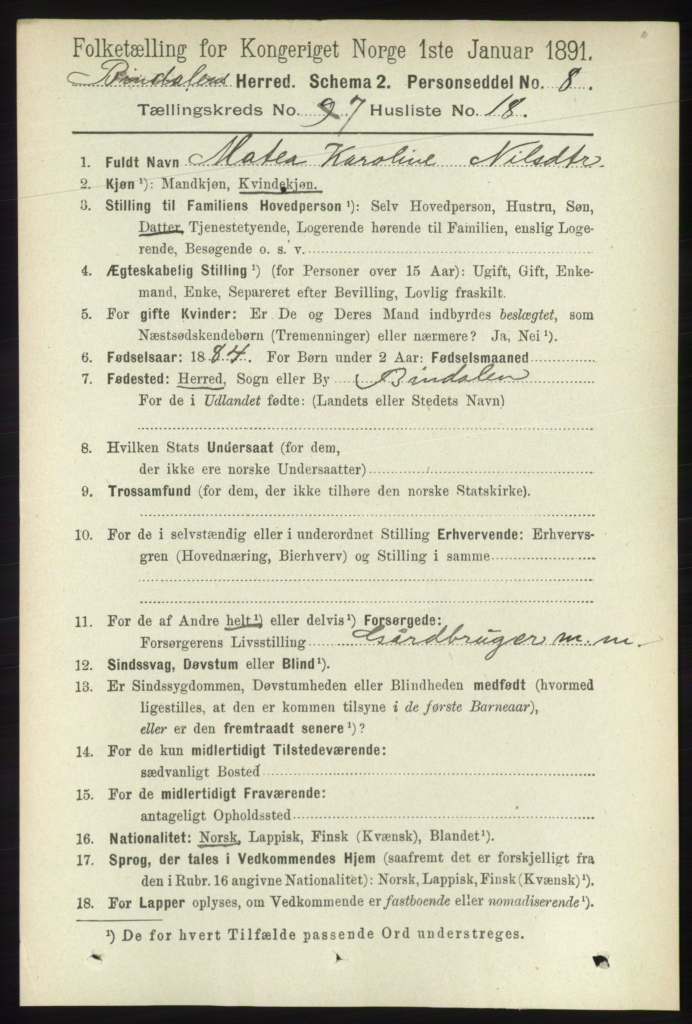 RA, 1891 census for 1811 Bindal, 1891, p. 2366