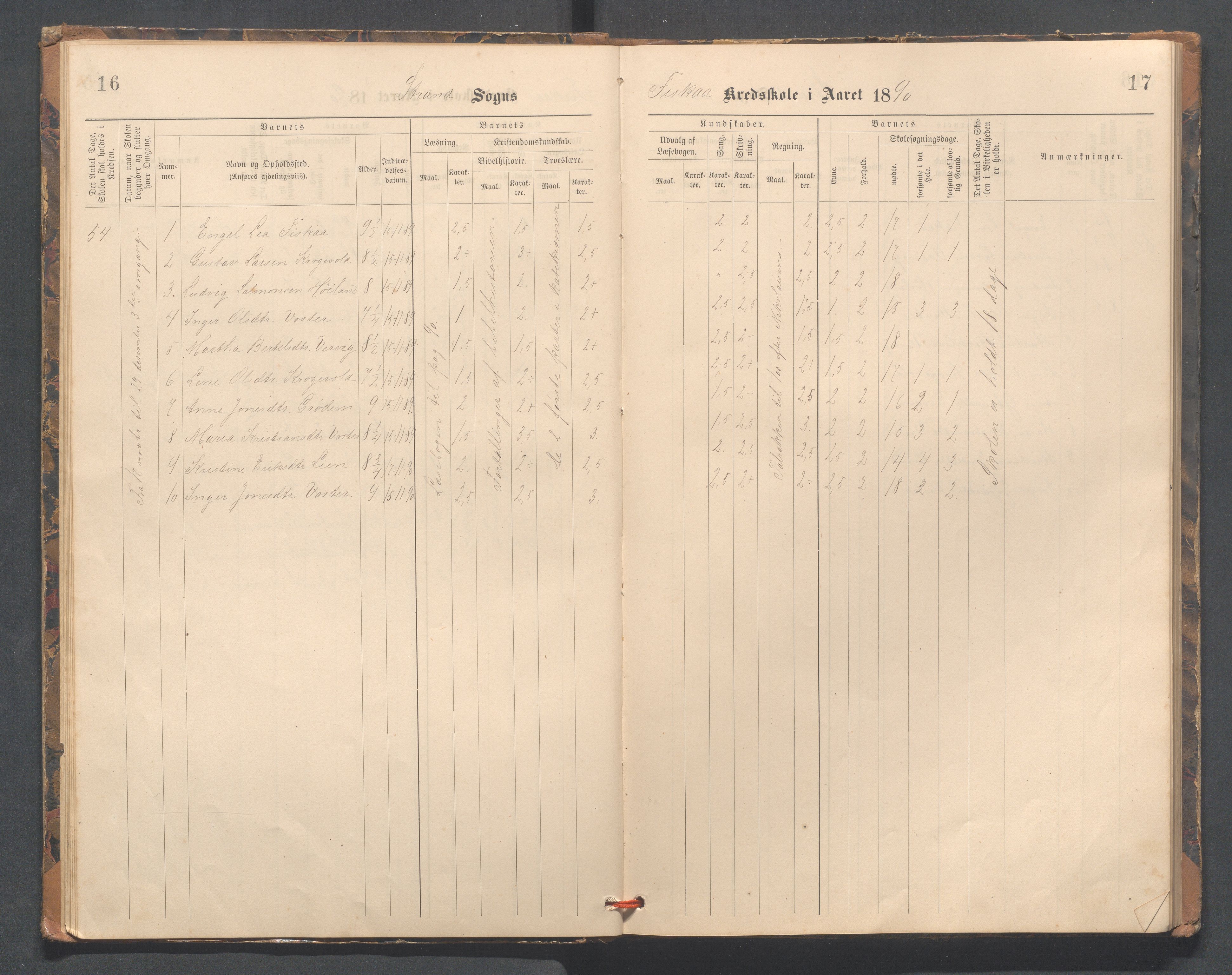 Strand kommune - Fiskå skole, IKAR/A-155/H/L0002: Skoleprotokoll for Fiskå, Heien, Jøssang, Sørbygda og Fjelde krets, 1888-1900, p. 16-17