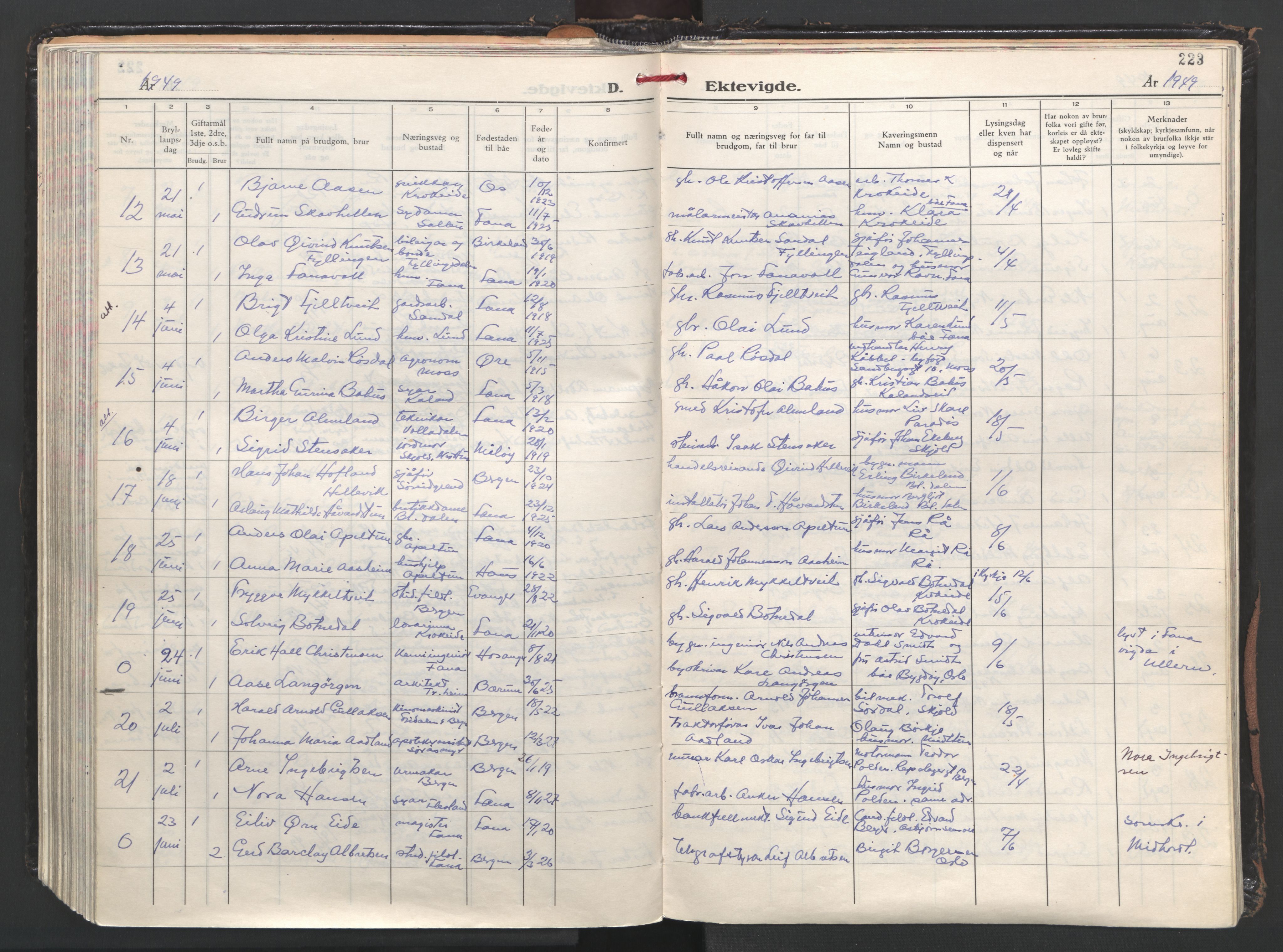 Fana Sokneprestembete, AV/SAB-A-75101/H/Haa/Haab/L0008: Parish register (official) no. B 8, 1947-1967, p. 223