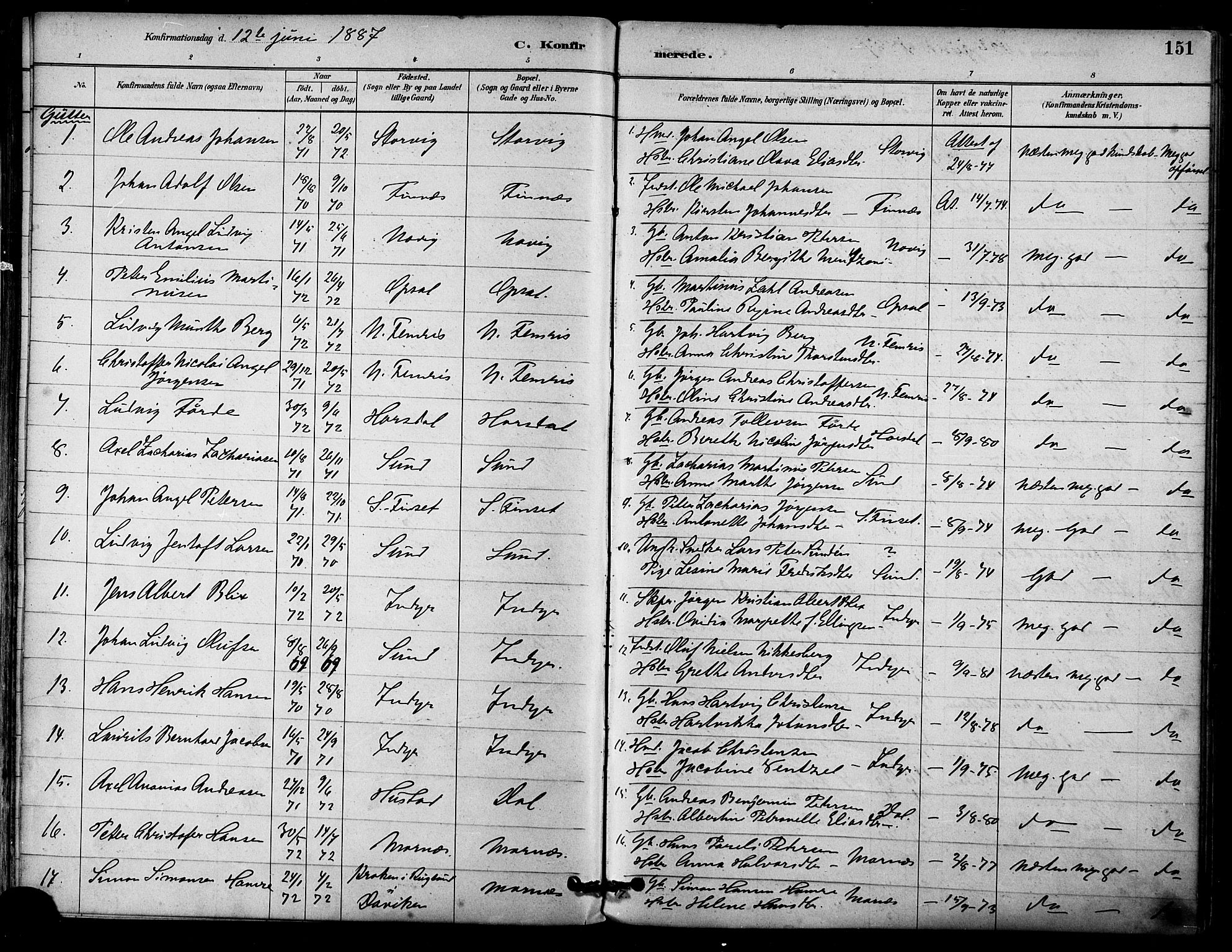 Ministerialprotokoller, klokkerbøker og fødselsregistre - Nordland, SAT/A-1459/805/L0099: Parish register (official) no. 805A06, 1880-1891, p. 151