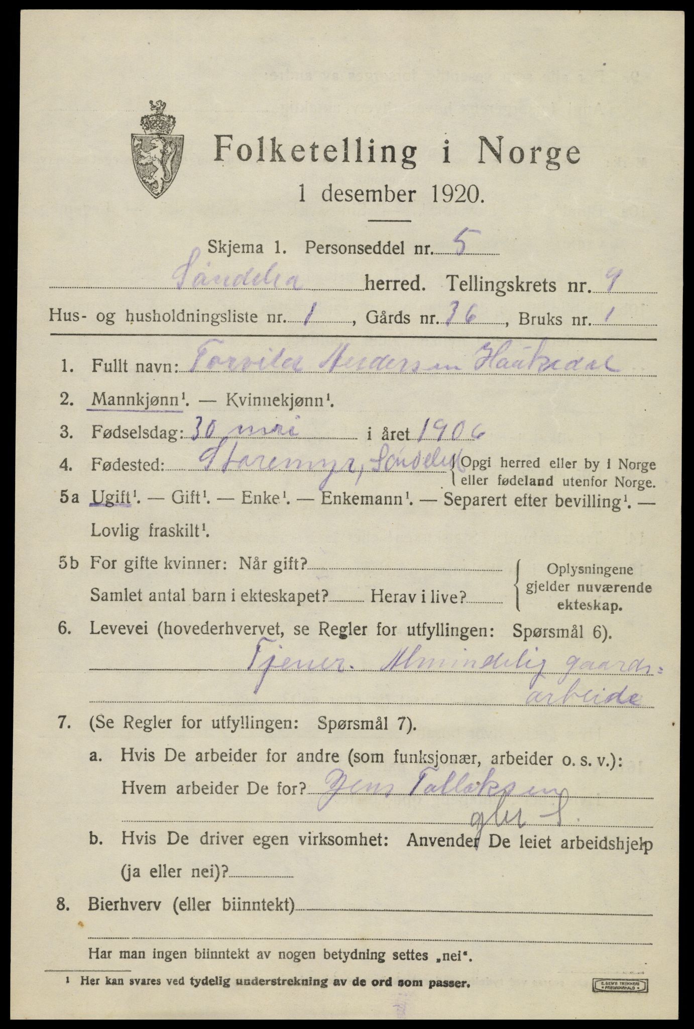 SAK, 1920 census for Søndeled, 1920, p. 4577