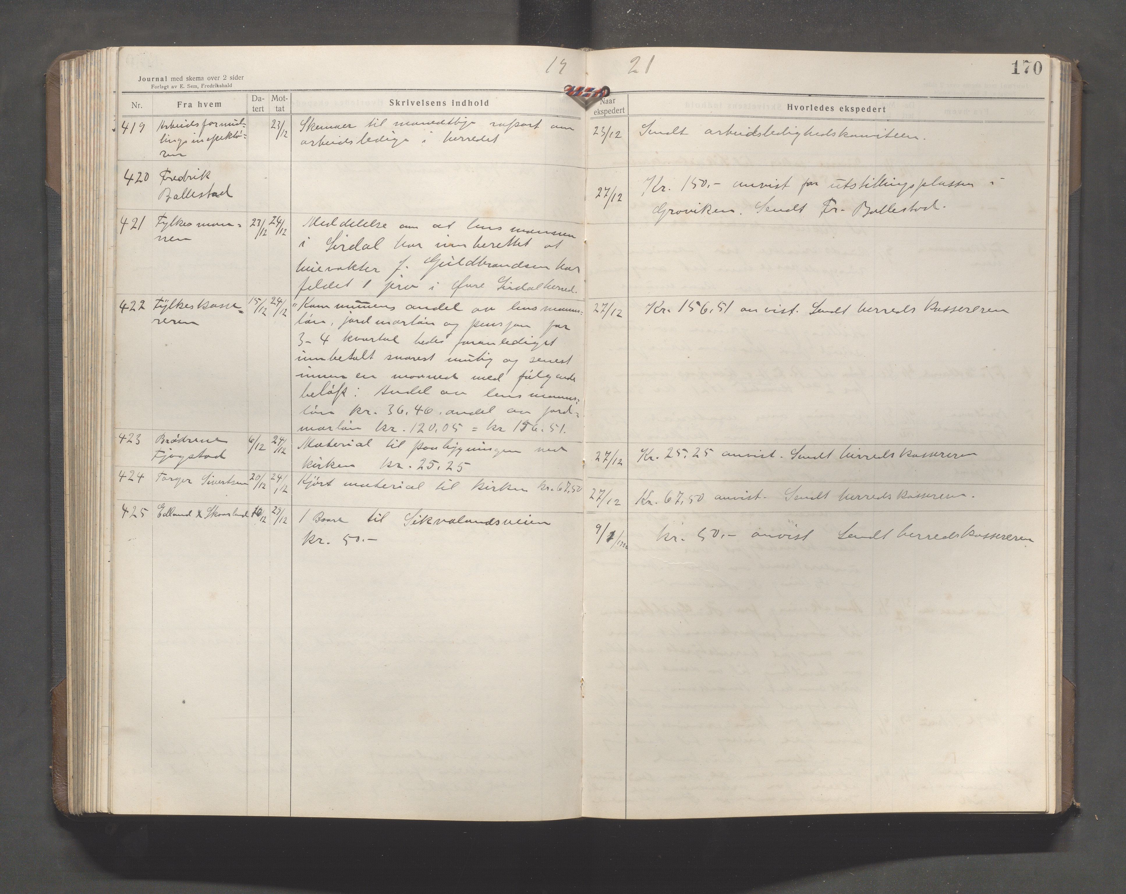 Gjesdal kommune - Formannskapet, IKAR/K-101383/C/Ca/L0004: Brevjournal, 1918-1923, p. 170