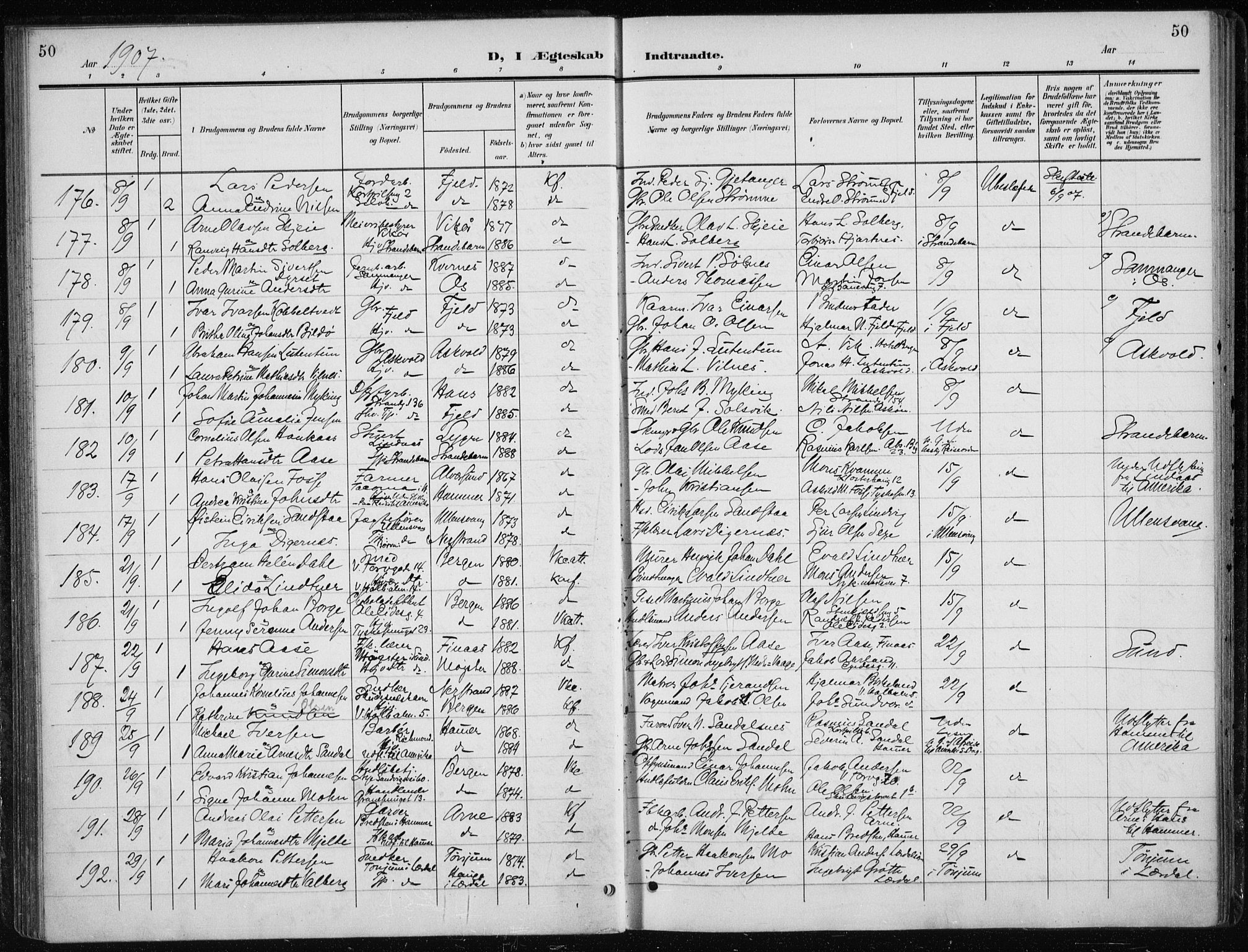 Nykirken Sokneprestembete, AV/SAB-A-77101/H/Haa/L0035: Parish register (official) no. D 5, 1905-1913, p. 50