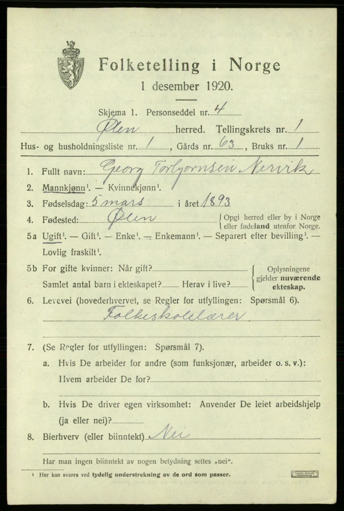 SAB, 1920 census for Ølen, 1920, p. 753