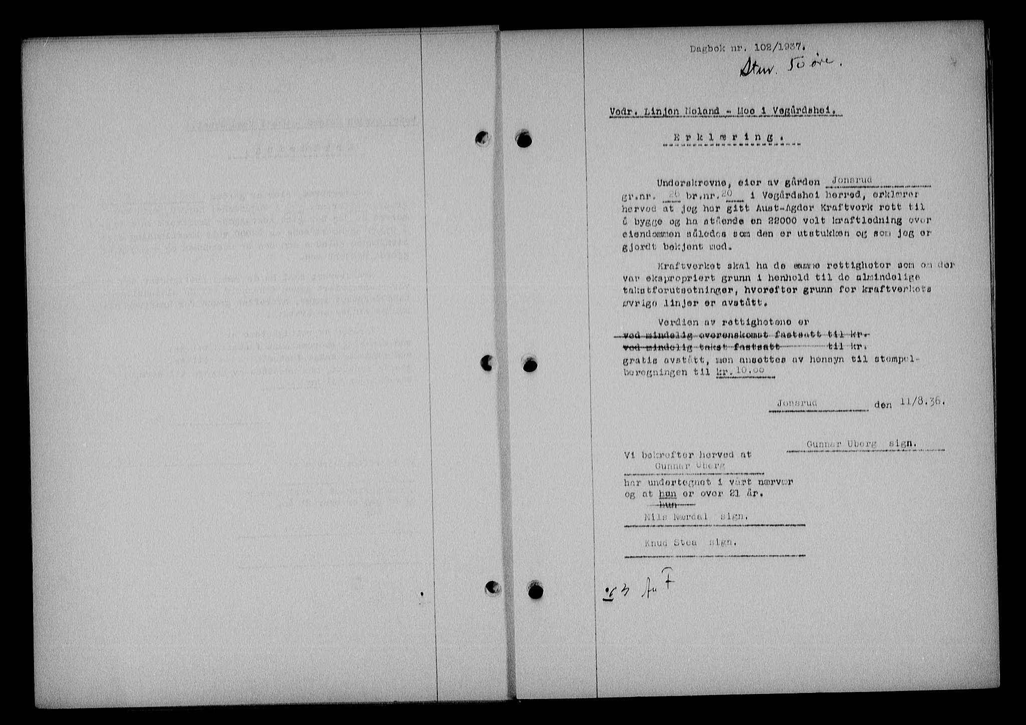 Holt sorenskriveri, AV/SAK-1221-0002/G/Gba/L0045: Mortgage book no. A-I, 1936-1937, Diary no: : 102/1937