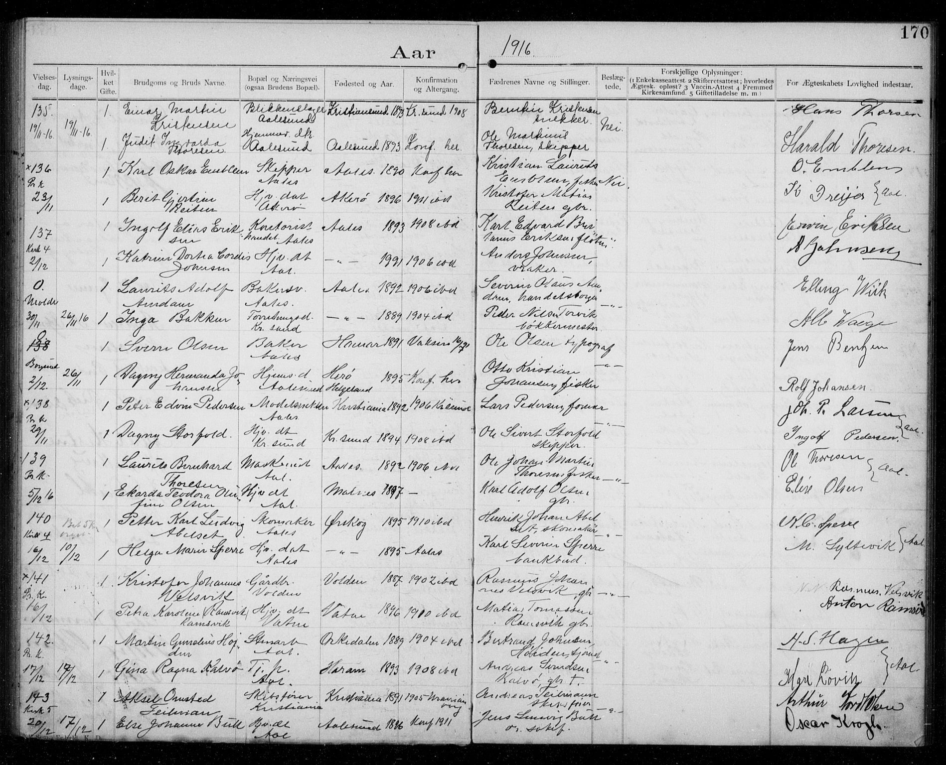 Ministerialprotokoller, klokkerbøker og fødselsregistre - Møre og Romsdal, AV/SAT-A-1454/529/L0458: Banns register no. 529A08, 1901-1918, p. 170