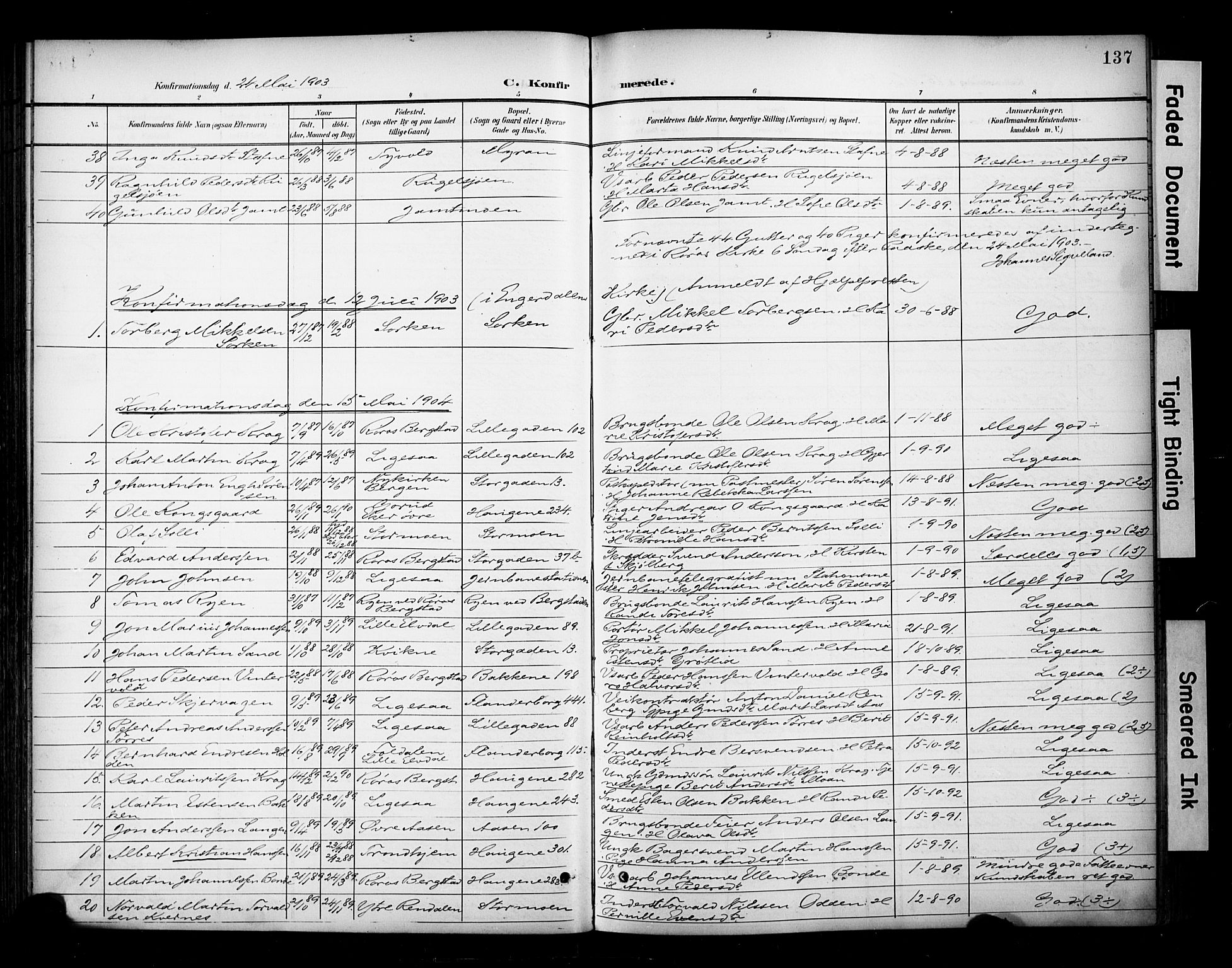 Ministerialprotokoller, klokkerbøker og fødselsregistre - Sør-Trøndelag, SAT/A-1456/681/L0936: Parish register (official) no. 681A14, 1899-1908, p. 137