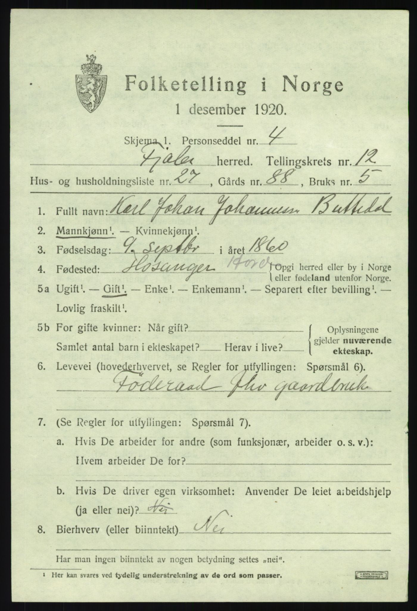 SAB, 1920 census for Fjaler, 1920, p. 7189