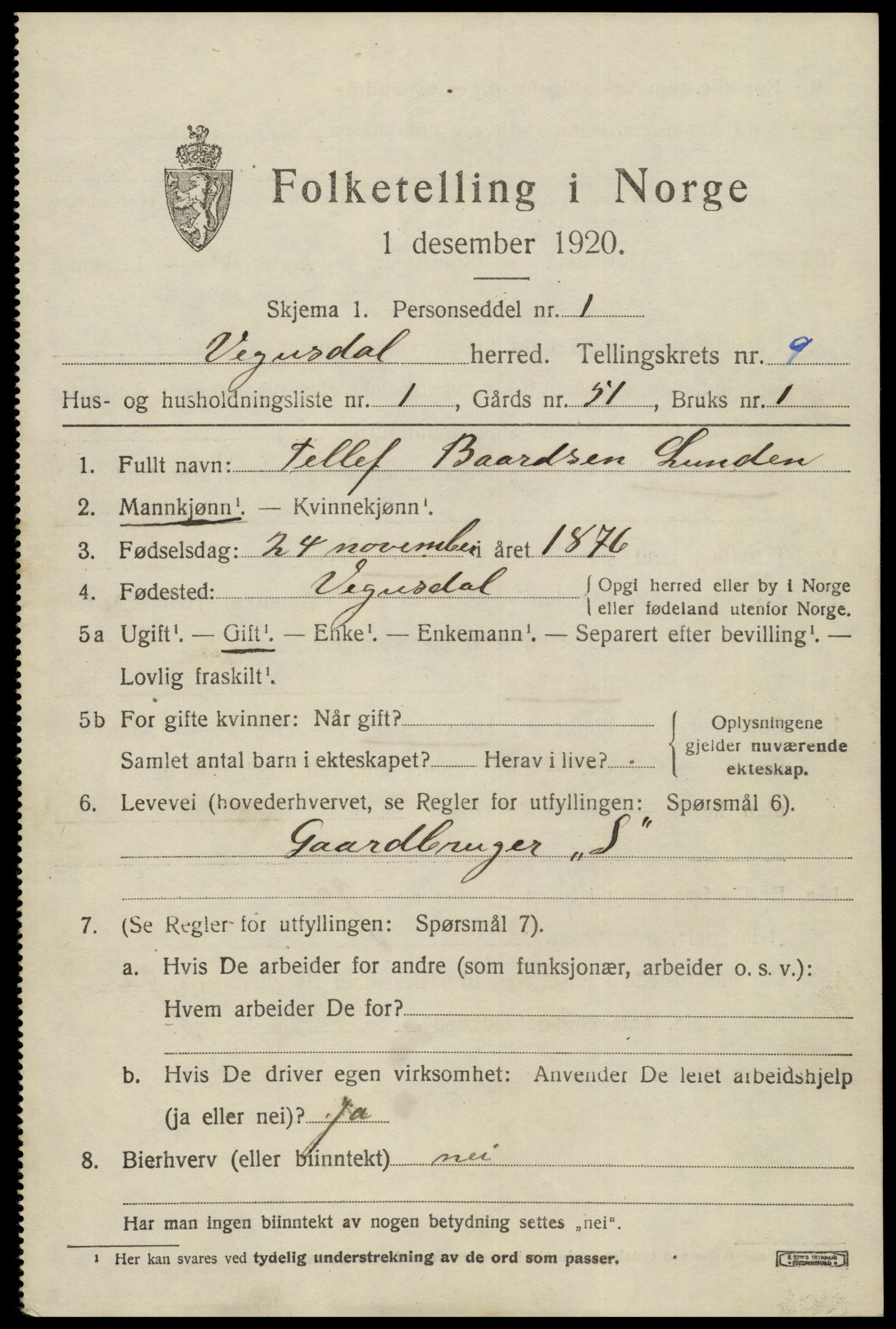 SAK, 1920 census for Vegusdal, 1920, p. 1939