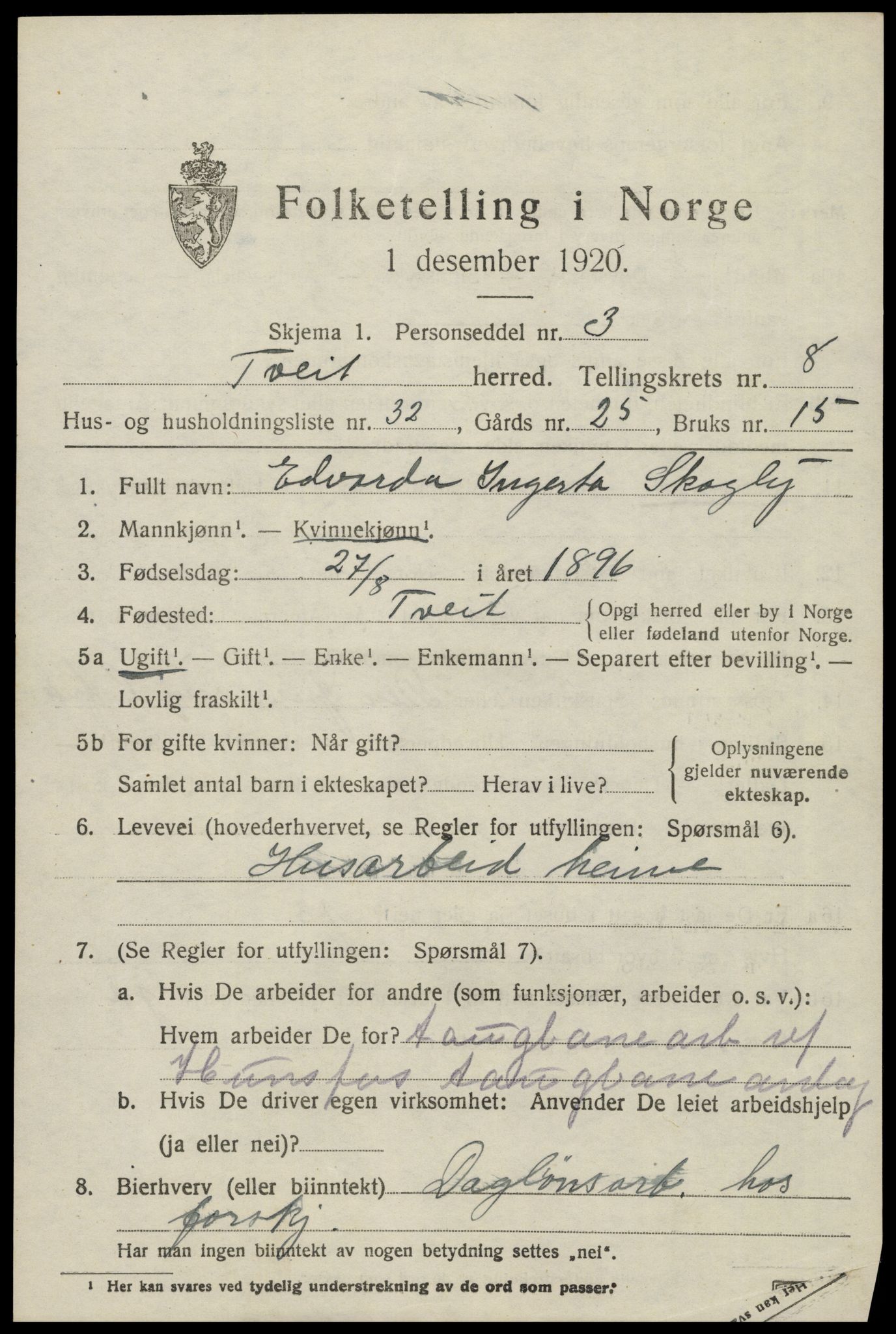 SAK, 1920 census for Tveit, 1920, p. 3860