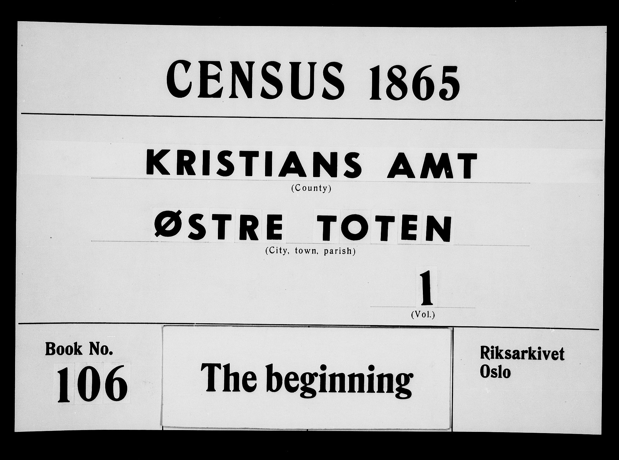 RA, 1865 census for Østre Toten, 1865, p. 1