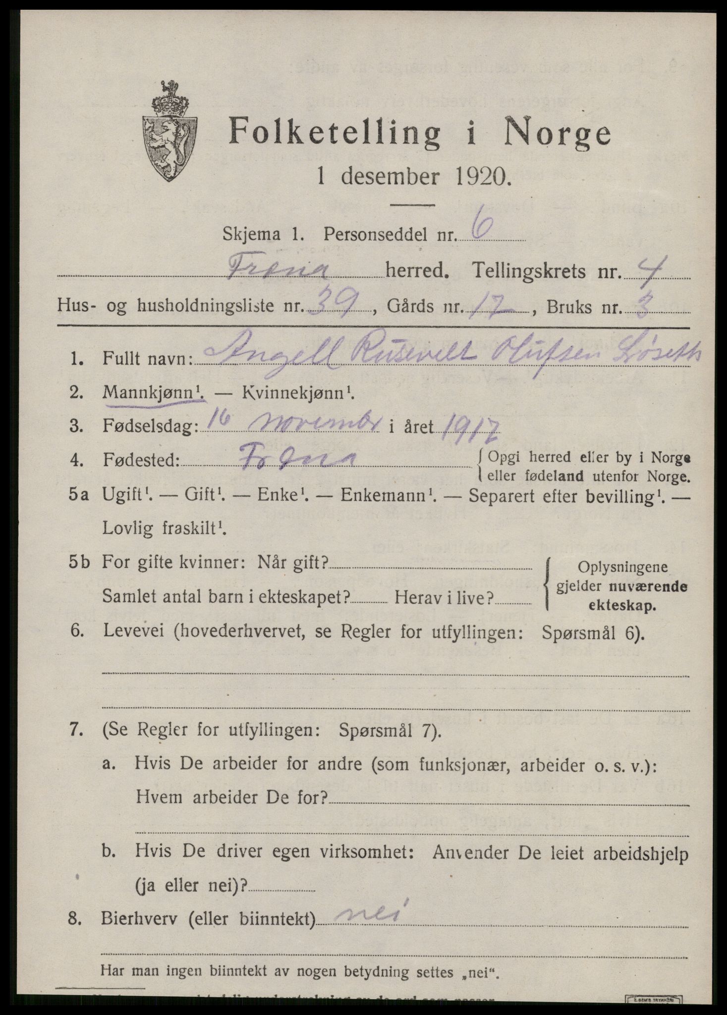 SAT, 1920 census for Fræna, 1920, p. 3299