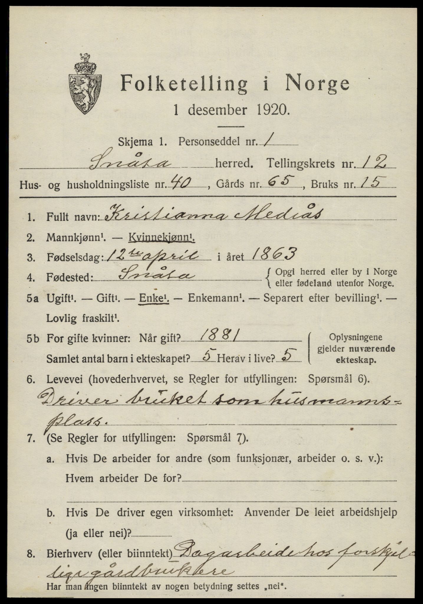 SAT, 1920 census for Snåsa, 1920, p. 5596