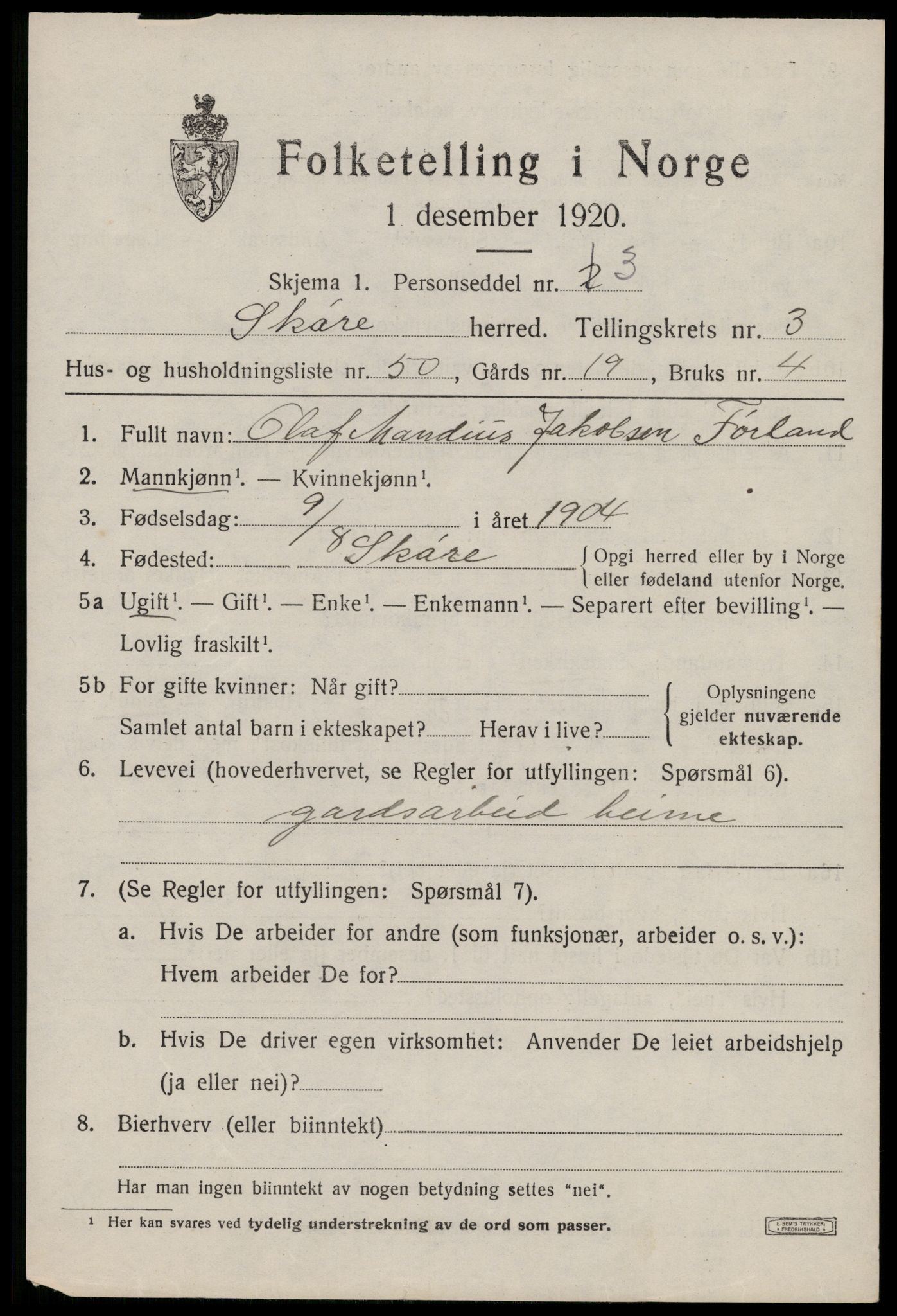 SAST, 1920 census for Skåre, 1920, p. 2076