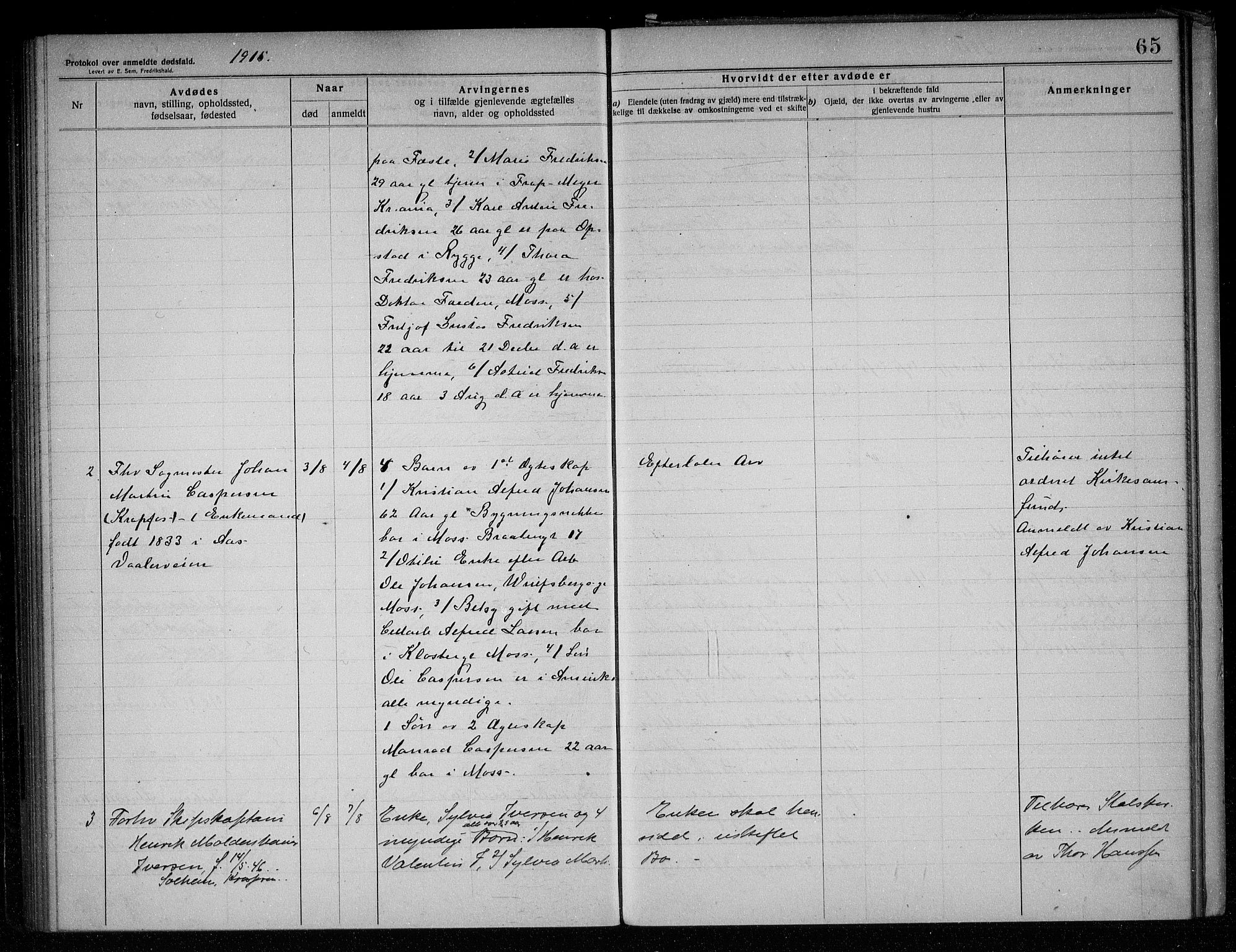 Rygge lensmannskontor, AV/SAO-A-10005/H/Ha/Haa/L0005: Dødsfallsprotokoll, 1912-1916, p. 65