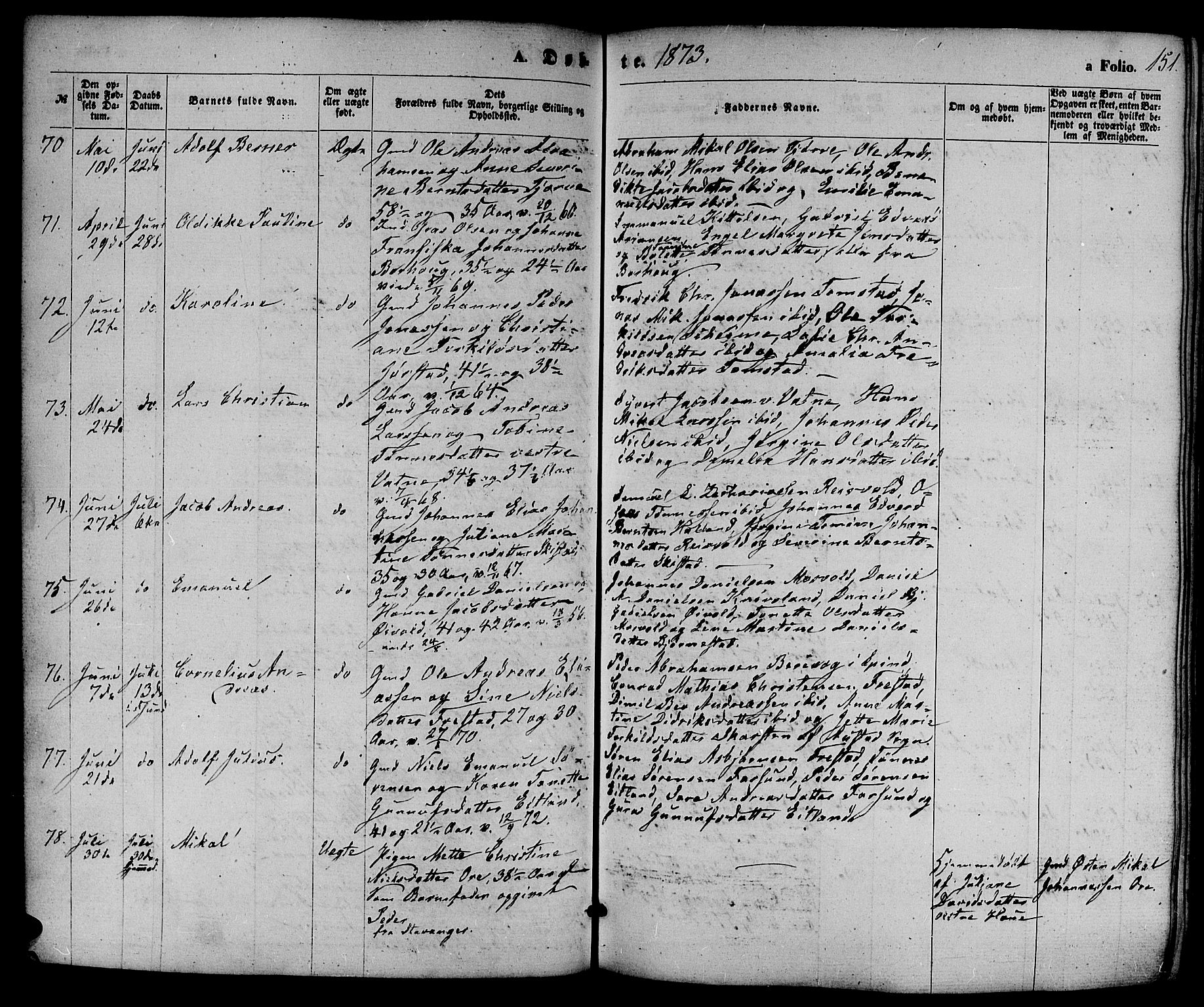 Lista sokneprestkontor, AV/SAK-1111-0027/F/Fb/L0003: Parish register (copy) no. B 3, 1862-1877, p. 151