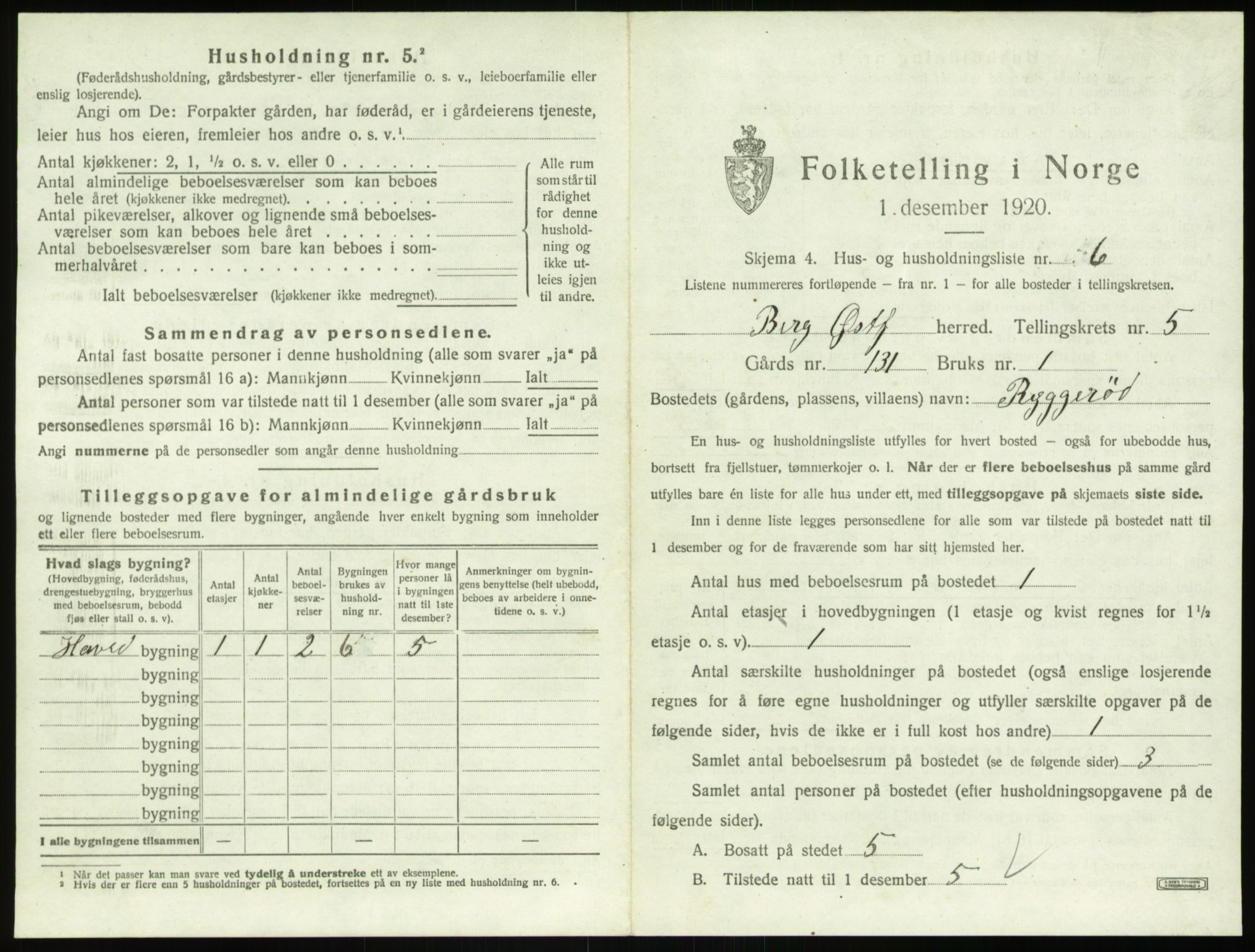 SAO, 1920 census for Berg, 1920, p. 1225