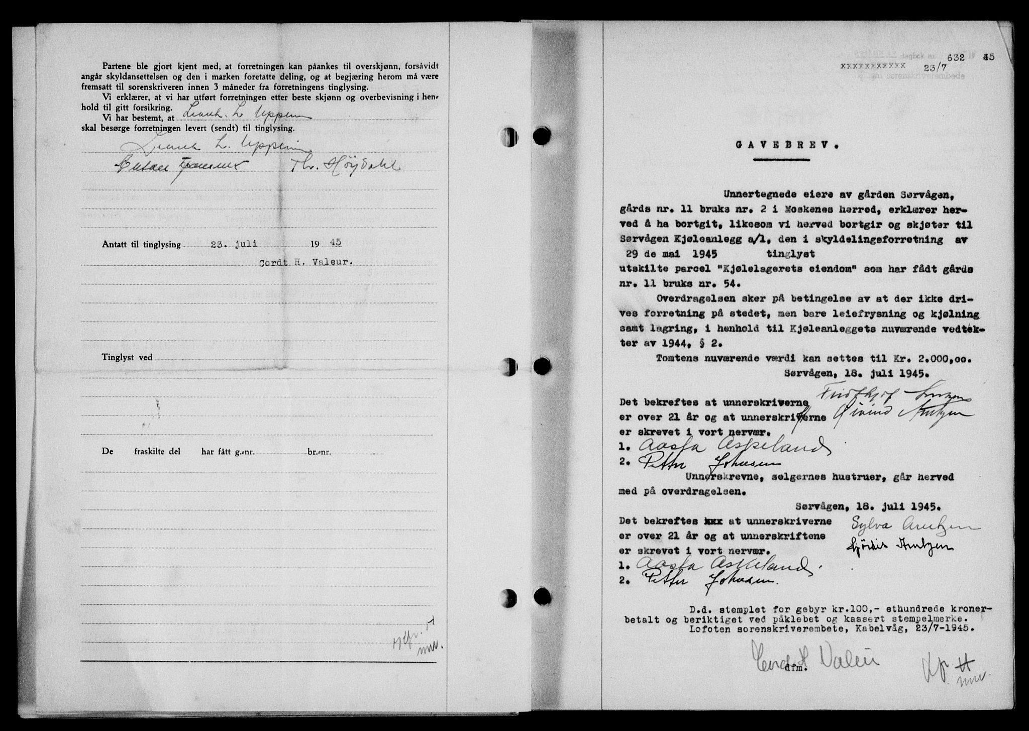 Lofoten sorenskriveri, SAT/A-0017/1/2/2C/L0013a: Mortgage book no. 13a, 1944-1946, Diary no: : 632/1945