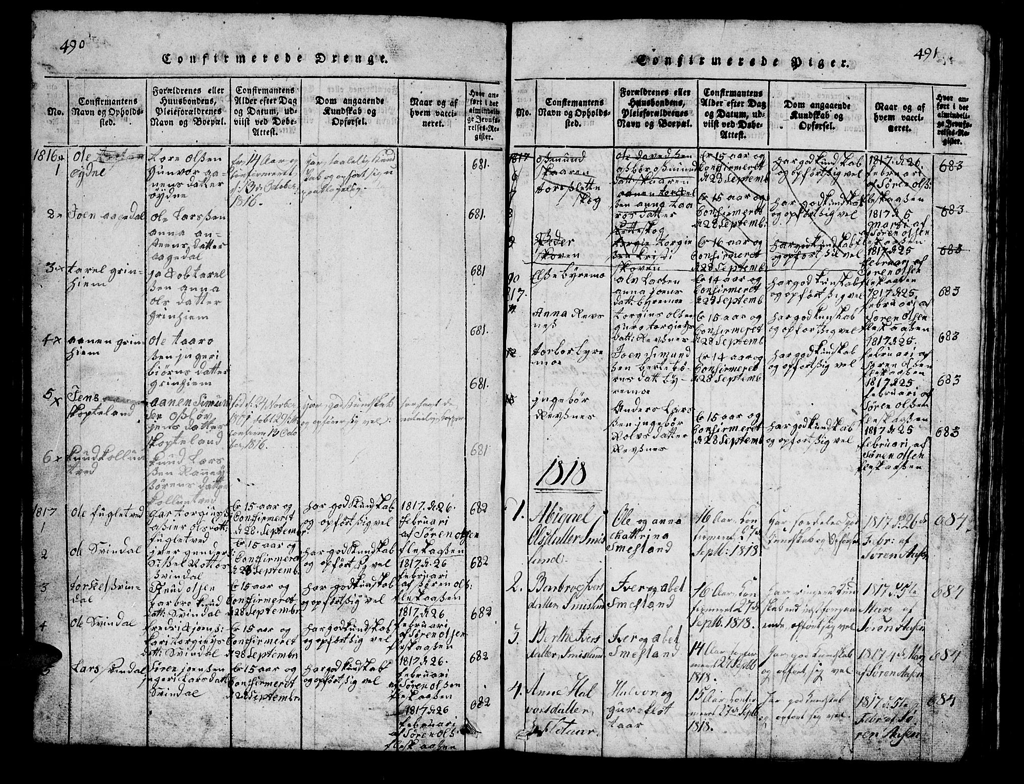 Bjelland sokneprestkontor, SAK/1111-0005/F/Fb/Fbc/L0001: Parish register (copy) no. B 1, 1815-1870, p. 490-491