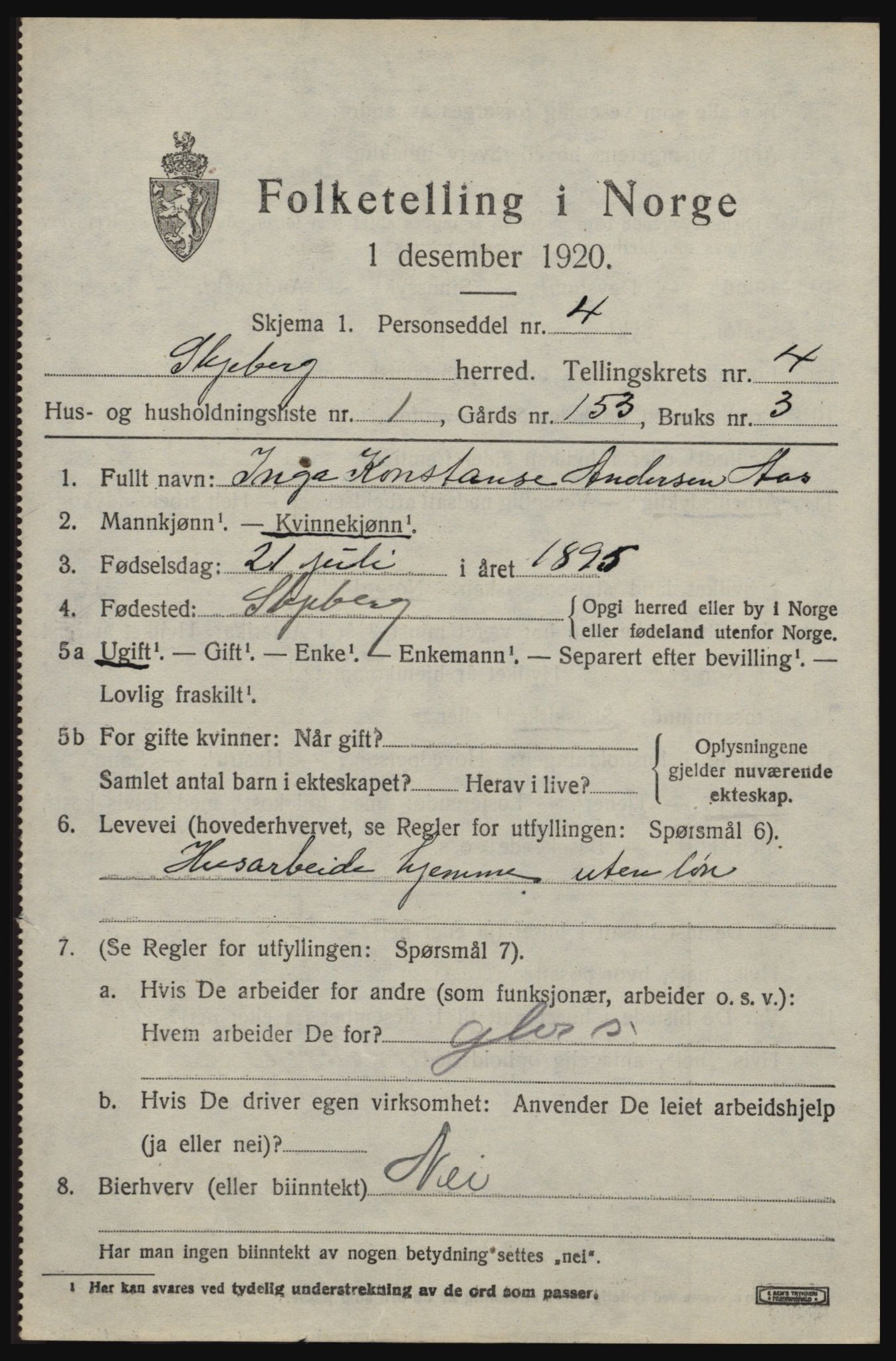 SAO, 1920 census for Skjeberg, 1920, p. 4981