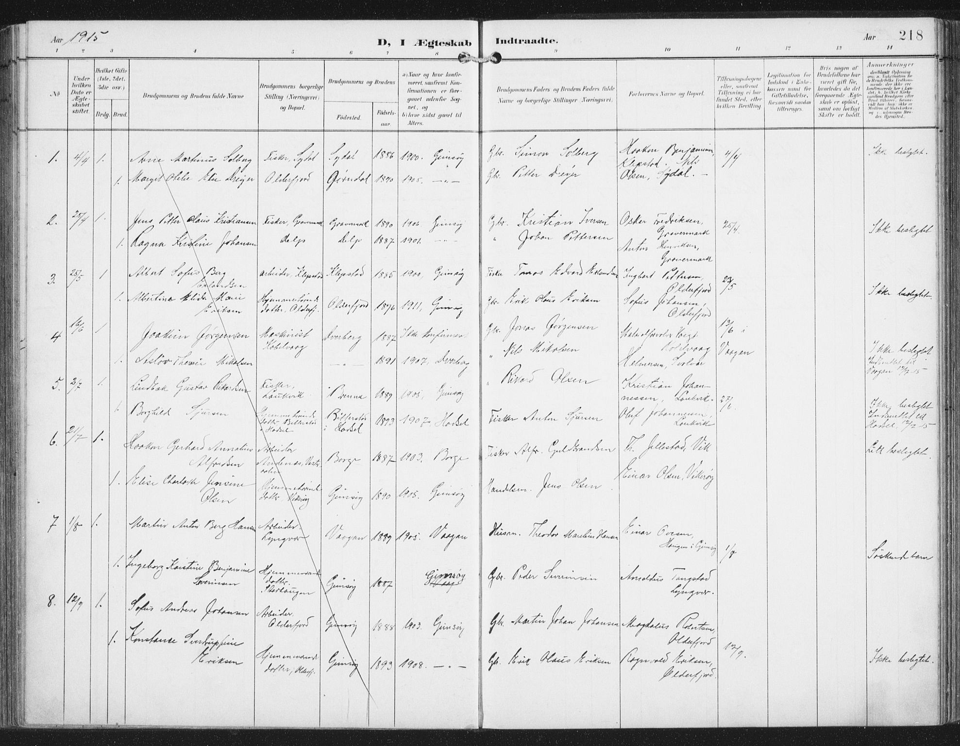 Ministerialprotokoller, klokkerbøker og fødselsregistre - Nordland, SAT/A-1459/876/L1098: Parish register (official) no. 876A04, 1896-1915, p. 218