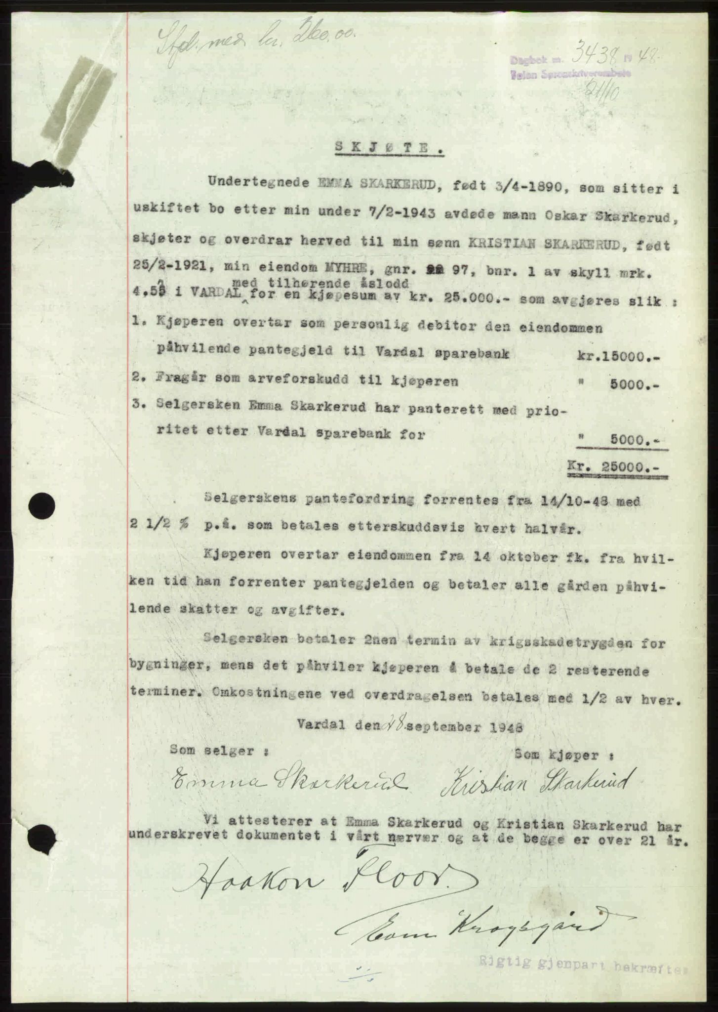 Toten tingrett, SAH/TING-006/H/Hb/Hbc/L0020: Mortgage book no. Hbc-20, 1948-1948, Diary no: : 3438/1948