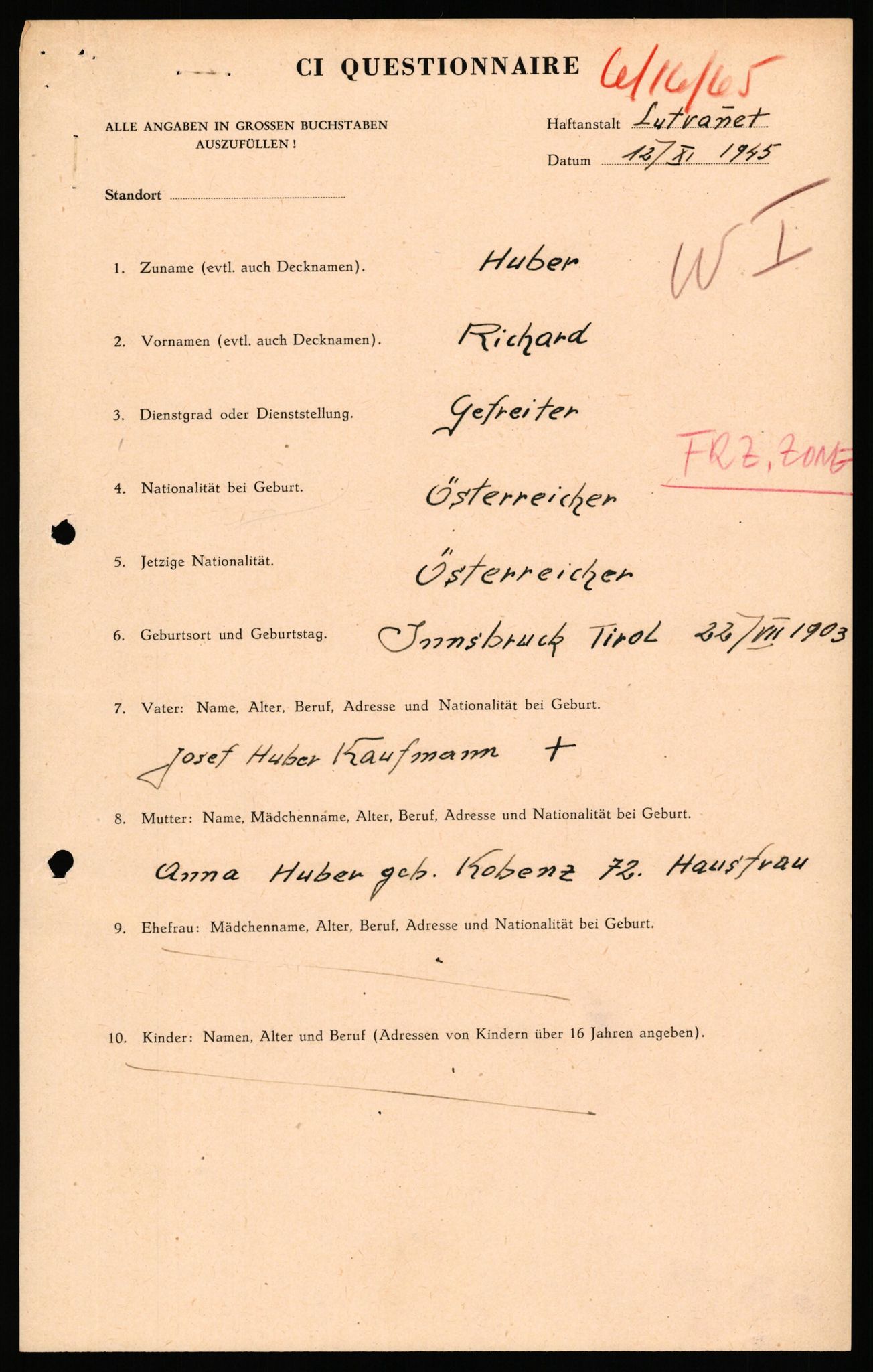 Forsvaret, Forsvarets overkommando II, AV/RA-RAFA-3915/D/Db/L0039: CI Questionaires. Tyske okkupasjonsstyrker i Norge. Østerrikere., 1945-1946, p. 75