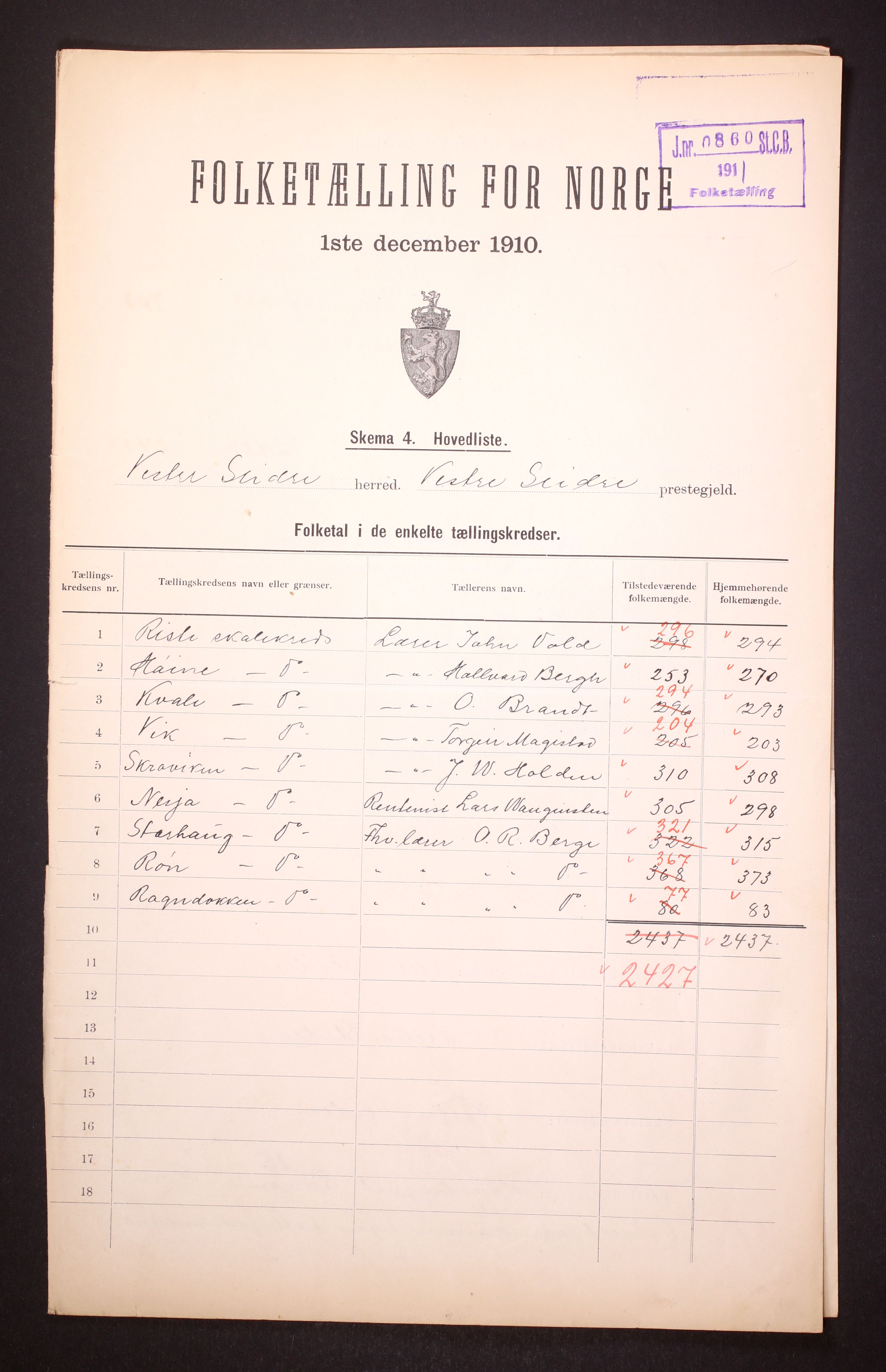 RA, 1910 census for Vestre Slidre, 1910, p. 2