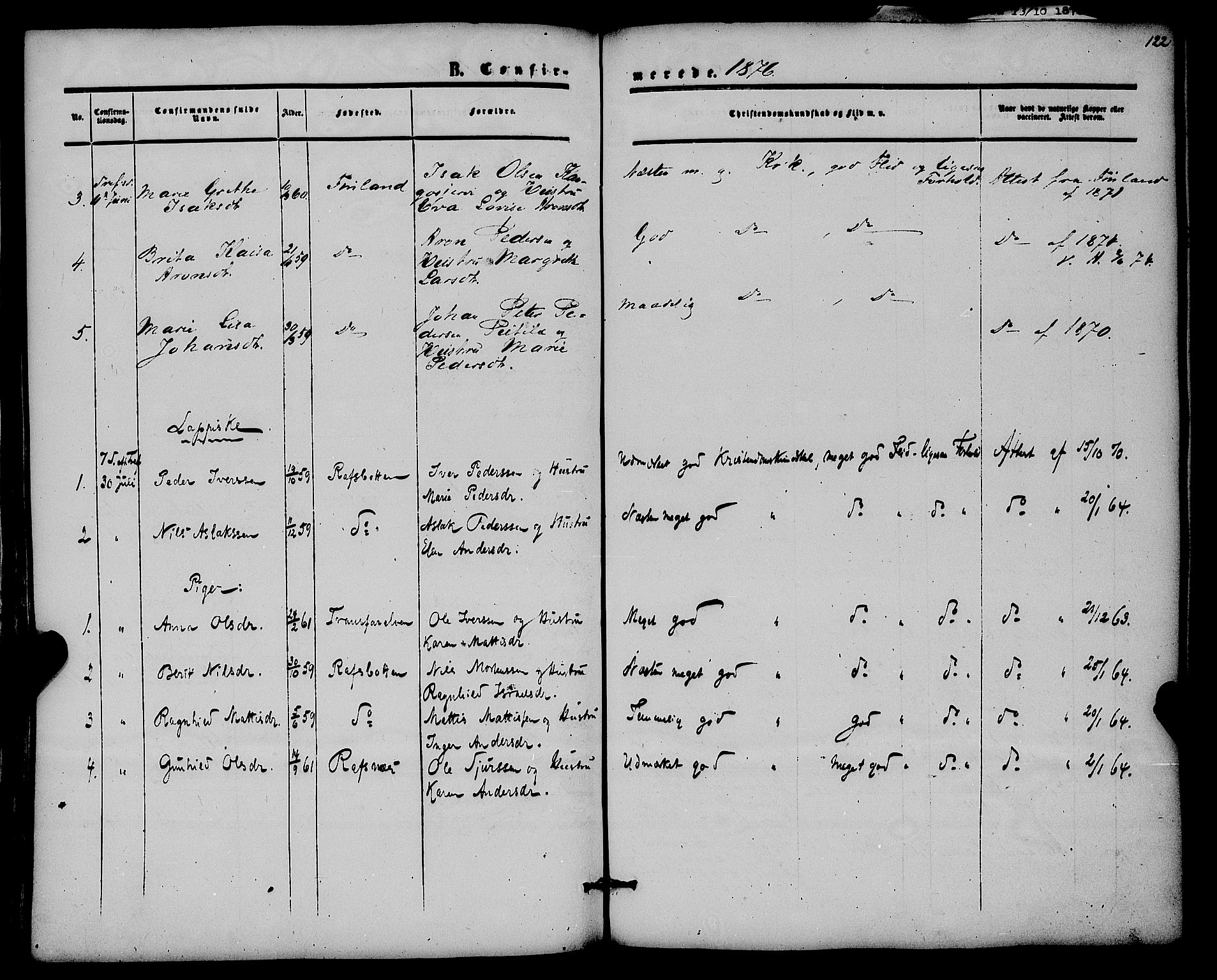 Alta sokneprestkontor, SATØ/S-1338/H/Ha/L0001.kirke: Parish register (official) no. 1, 1858-1878, p. 122