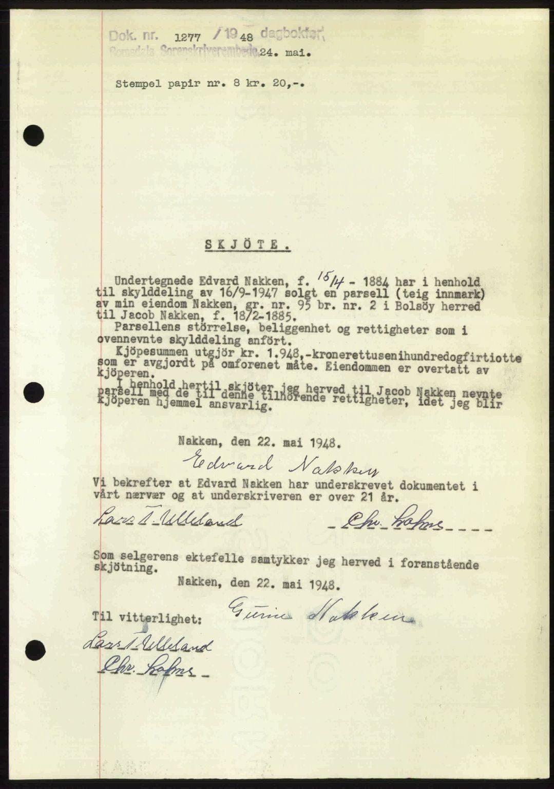 Romsdal sorenskriveri, AV/SAT-A-4149/1/2/2C: Mortgage book no. A26, 1948-1948, Diary no: : 1277/1948